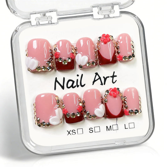 10 Pcs Handmade Press on Nails Short Square Fake Nails with 3D Rhinestones Flower Design Burgundy French Tip False Nails Pink Acrylic M Size Press Ons Nails Square for Women