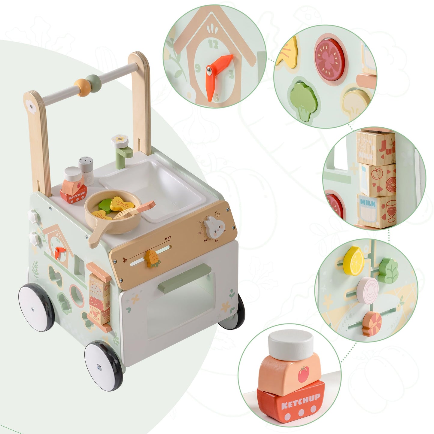 ROBOTIME Baby Walker Push Toy, Adjustable Height & Speed, Prevents Bow Legs, Spring Garden Activity Center with Clock, Shape Sorter, Play Kitchen, and Sink, Ideal Toddler Walking Toy for 10+ Months