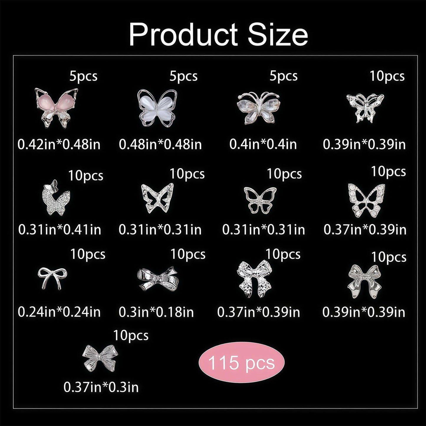115 Pcs 3D Butterfly Bow Nail Charms Kit, Metal Rhinestone Jewelry, Y2K Coquette Sparkly Alloy Accessories for Acrylic Gel Art Design