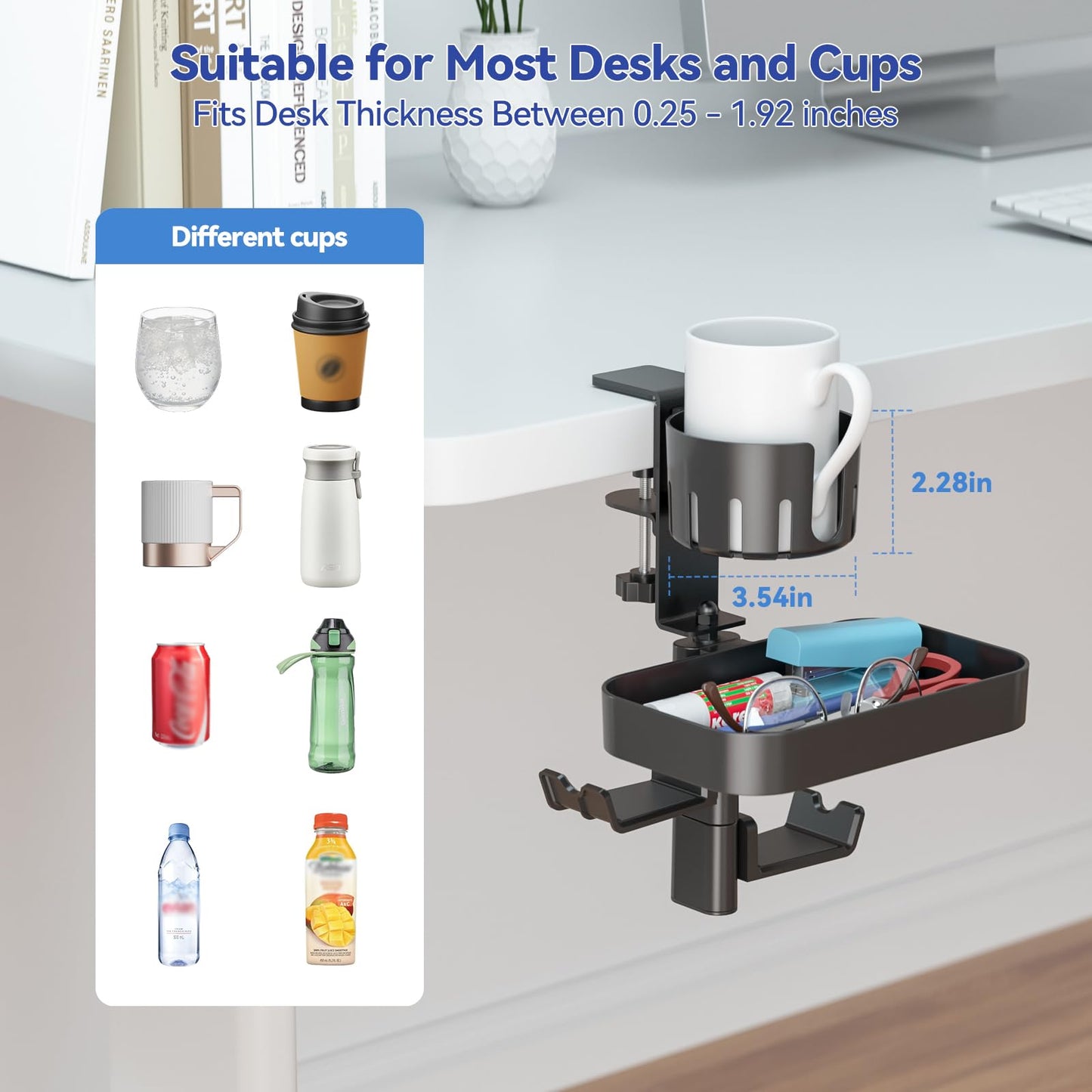 KDD Desk Cup Holder with 2 Headphone Hook - Rotating Pencil Holder & Detachable Drawer Tray - Clamp on Under Desk Headphone Holder Hidden Storage for Office School Home Accessories