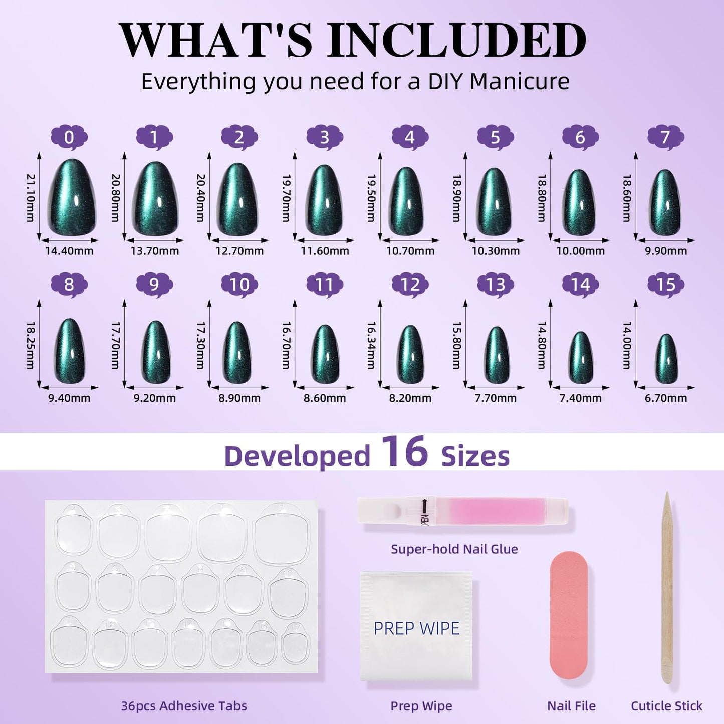 Emerald Green Cat Eye Press On Nails, Short Almond Green Nails Press Ons for Women Fake Nails with Glue, Glossy Reusable Glue on Nail in 16 Sizes - 32pcs