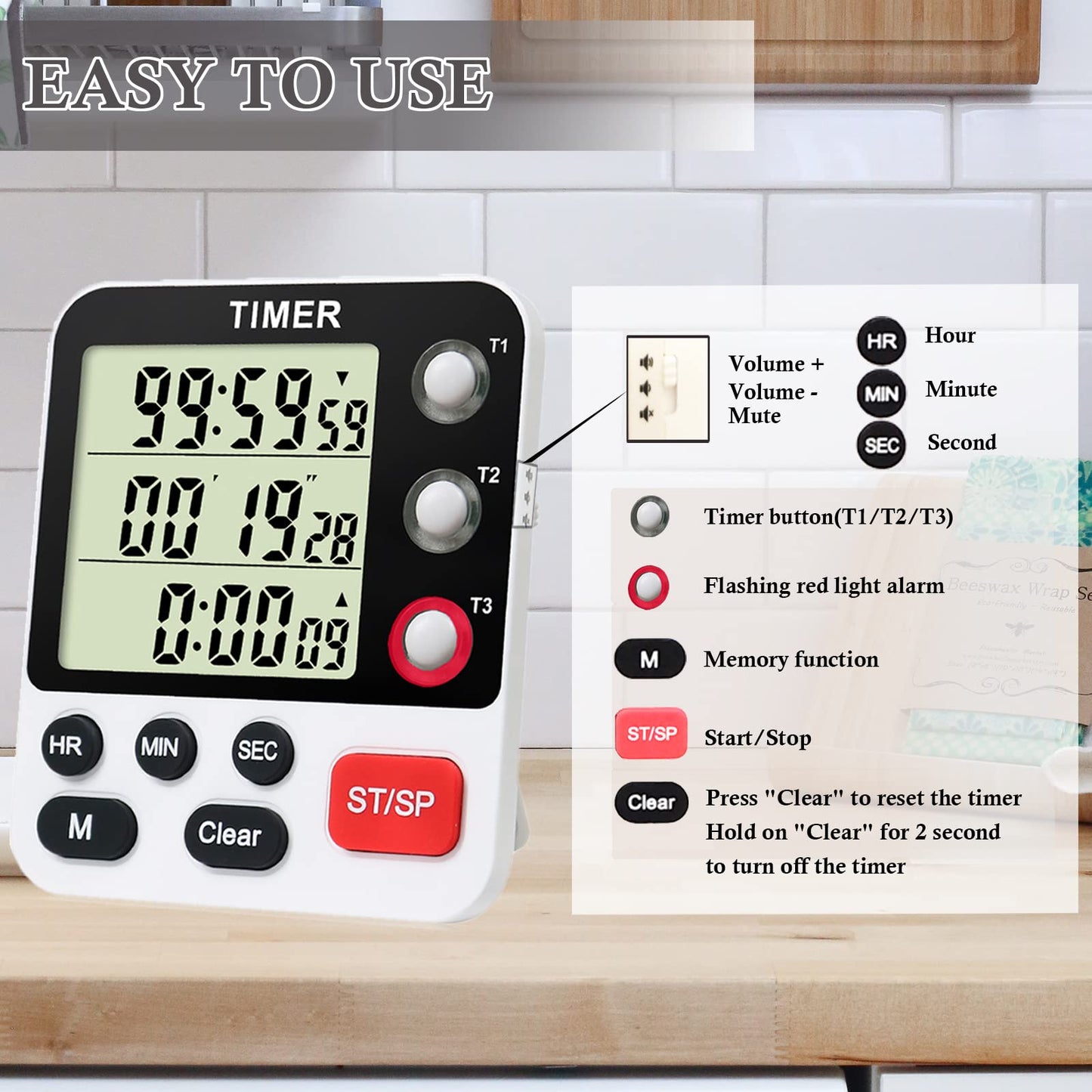 QINFIEY Digital 3 Channels Kitchen Cooking Multiple Timer with Large LCD Count Up Down Stopwatch ON Off Switch Timer for Teaching Reading 3-Level Adjustable Volume with Magnetic Back (Style C)