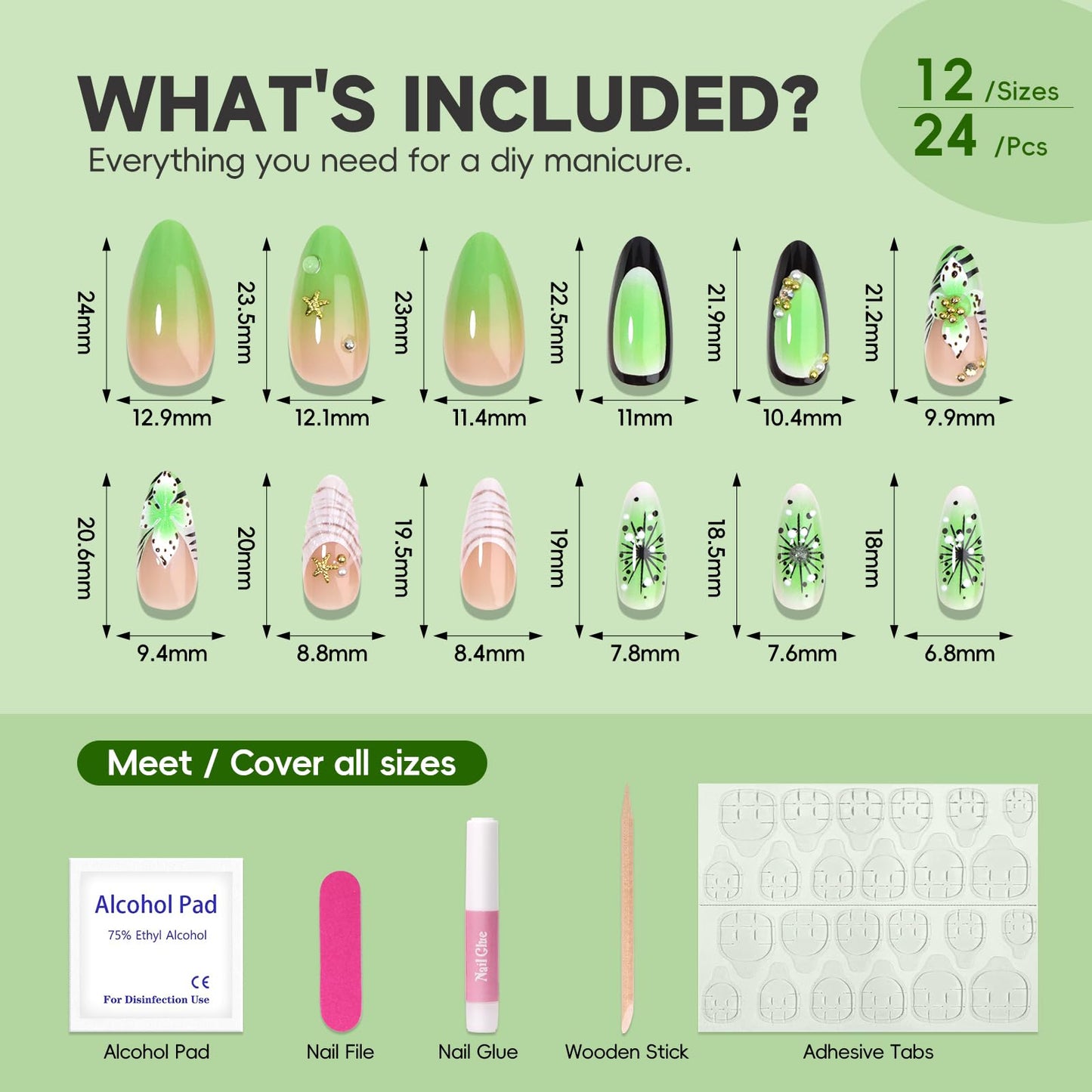 HOSAILY Green Flower Press on Nails Medium Almond, 3D Spring Summer Beach Tropical Floral Rhinestone Pearl False Nails for Women, 24Pcs Glossy Full Cover Stick on Starfish French Tip Nails with Glue