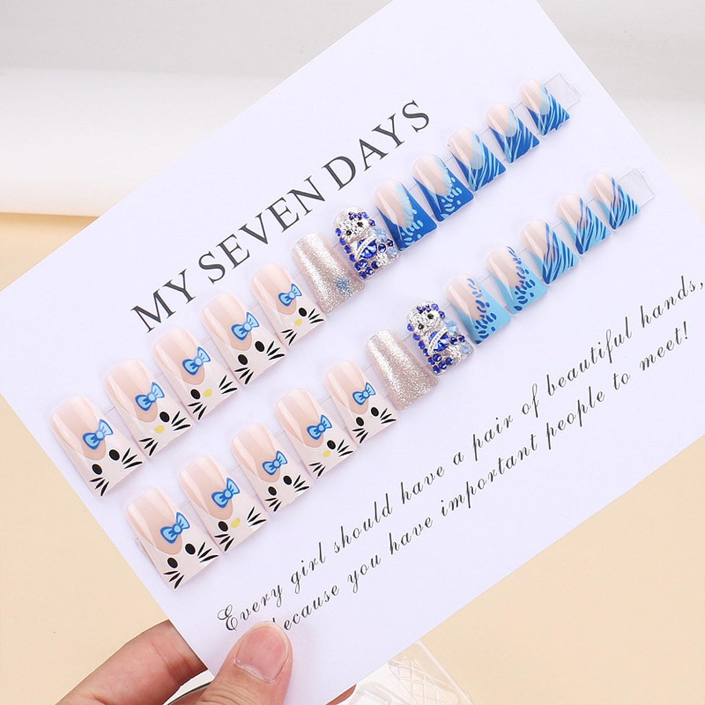 IMSOHOT Blue Press on Nails Gel Duck Fake Nails Handmade Y2K French False Nails Tips with Kitten Diamonds Designs Glossy Duckbill Nails for Women and Girls