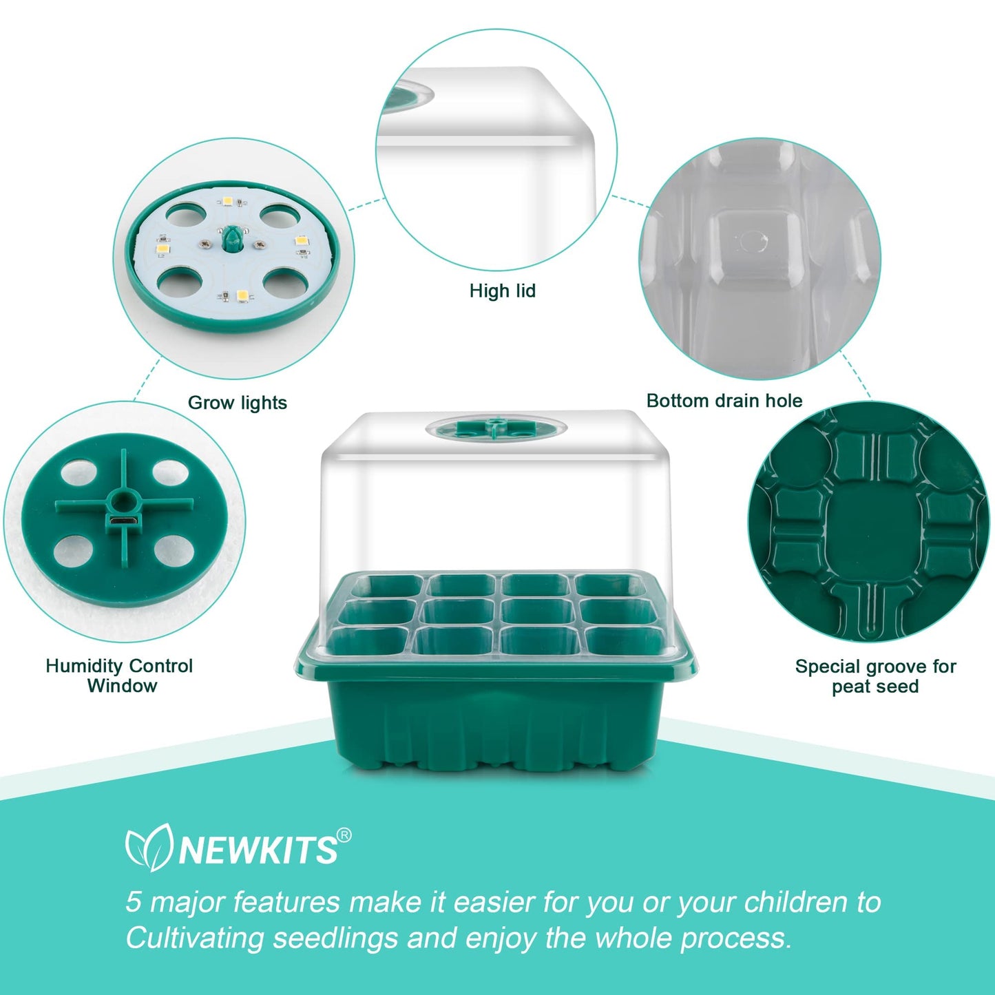 NEWKITS Seed Starter Tray with Grow Light, Seed Starter Kit, Plant Germination Starting Trays with Humidity Dome and Base for Greenhouse Grow Wheatgrass Hydroponic(12 Cells per Tray)