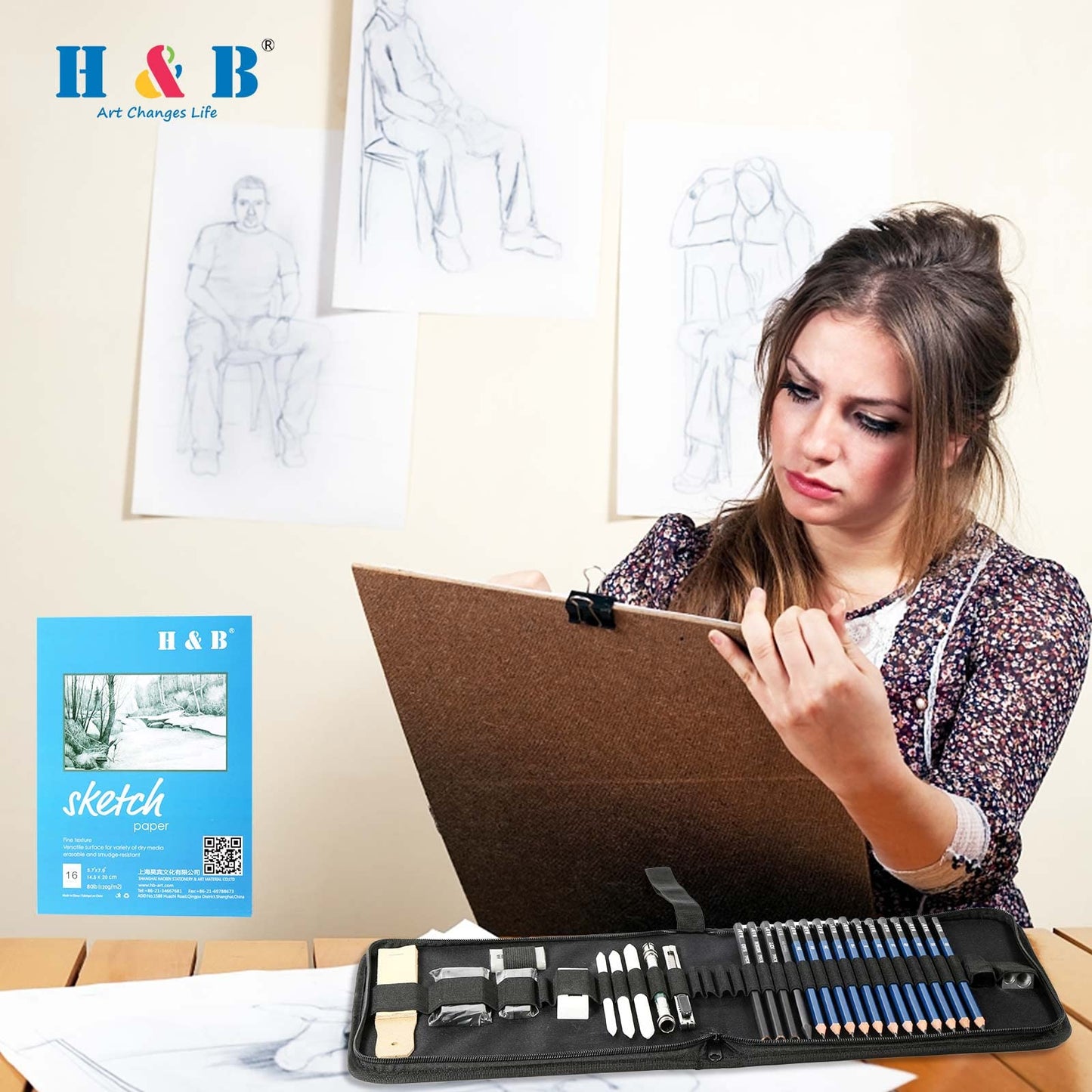 H & B 33 Pieces Drawing Pencils Set, Sketching Pencils Set & Drawing Kit, Includes Sketch Pad, Graphite Pencils, Charcoal Sticks and Eraser, Supplies for Artists/Beginner/Adults
