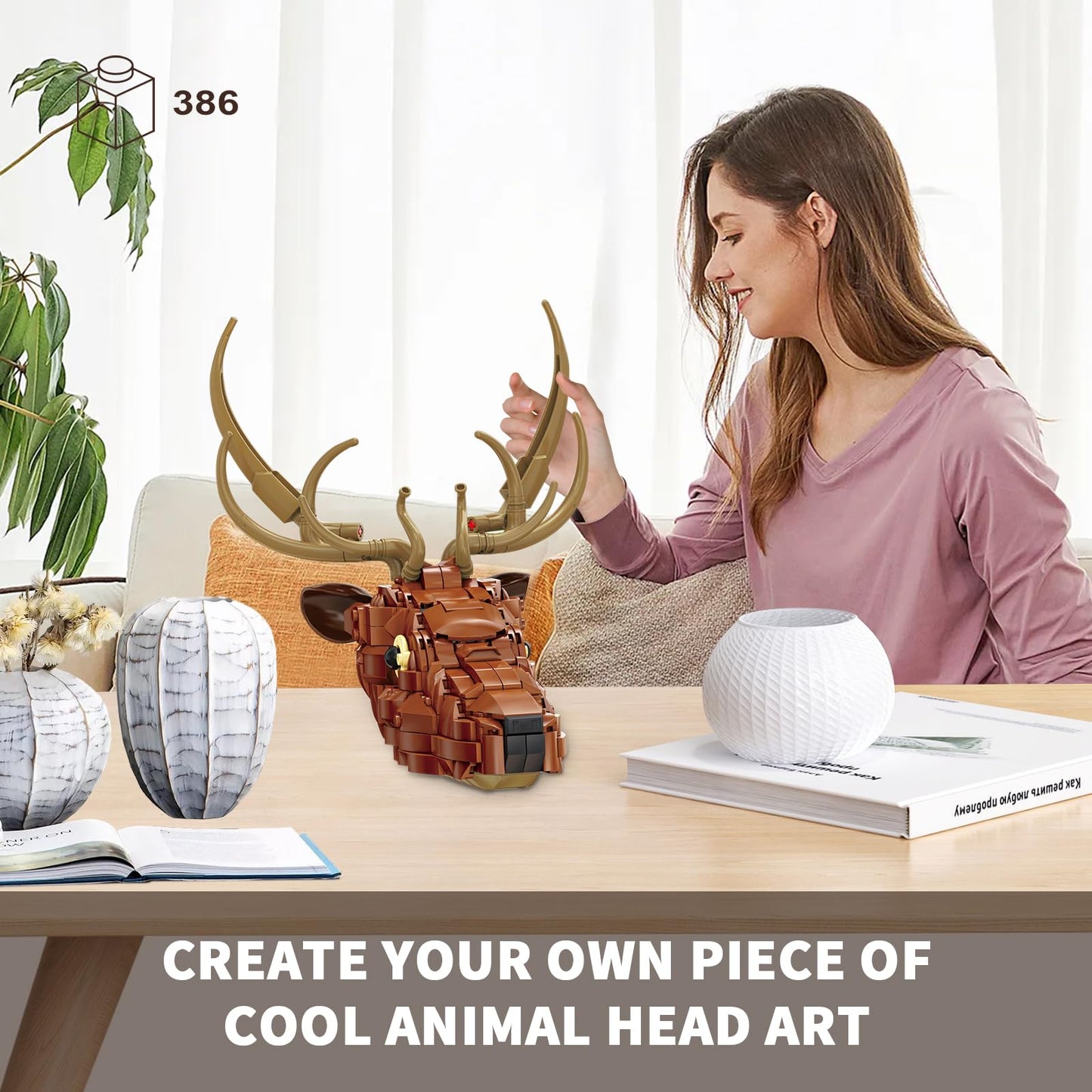 KAZI Wall Art Building Toy Sets,Deer Head Nature Wall Artwork for Living Room Decor,Home Office Decor Idea,Build and Display Creative Activity for Artistic Adults,Ideal Gifts for Mothers Day