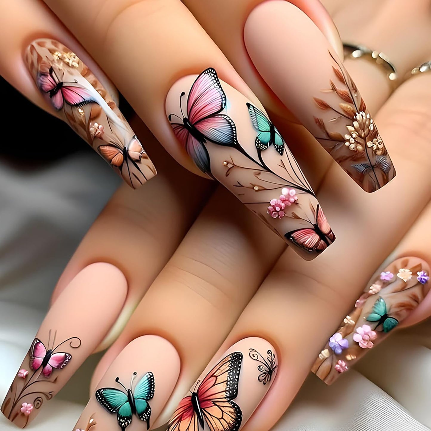 Butterfly 3D False Nails Press on Nails Long Ballet Shaped Coloful Butterly Pattern Design Press Nails Flower Fake Nails Artificial Acrylic Nails Full Cover Coffin Nails Nude Stick on Nails for Women