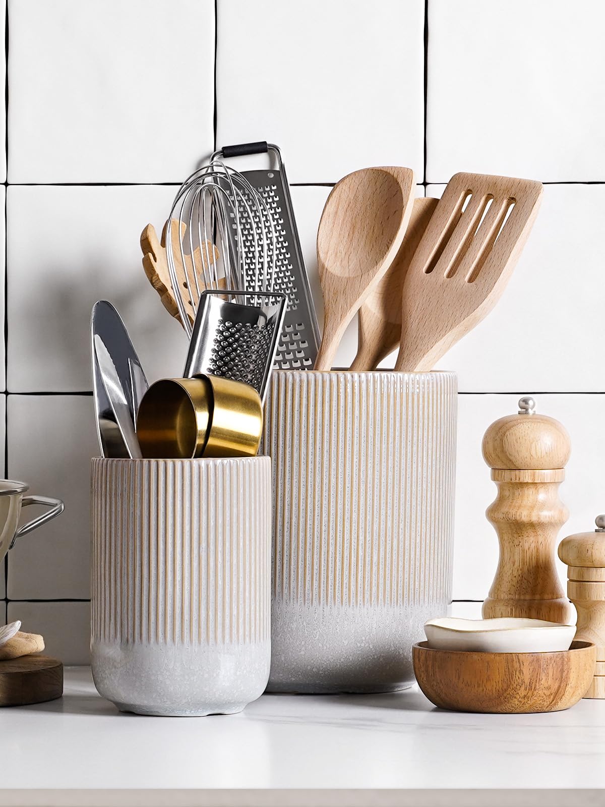 LE TAUCI Utensil Holder for Kitchen Counter, 7.3"+5.4" Fluted Ceramic Utensil Crock Organizer for Countertop, Heavy Large Holder for Spatulas, Spoons, Set of 2, Gray Marble