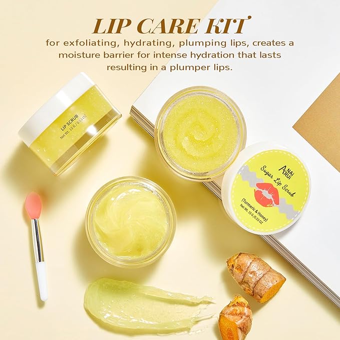 ANAI RUI Christmas Gifts For Girls, Lip Care Kit, Lip Sugar Scrub Set, Lip Sleeping Mask & Lip Exfoliator Scrub, Overnight Lip Treatment, Scrub & Moisturizer for Dry, Chapped, Cracked, Lips, Turmeric