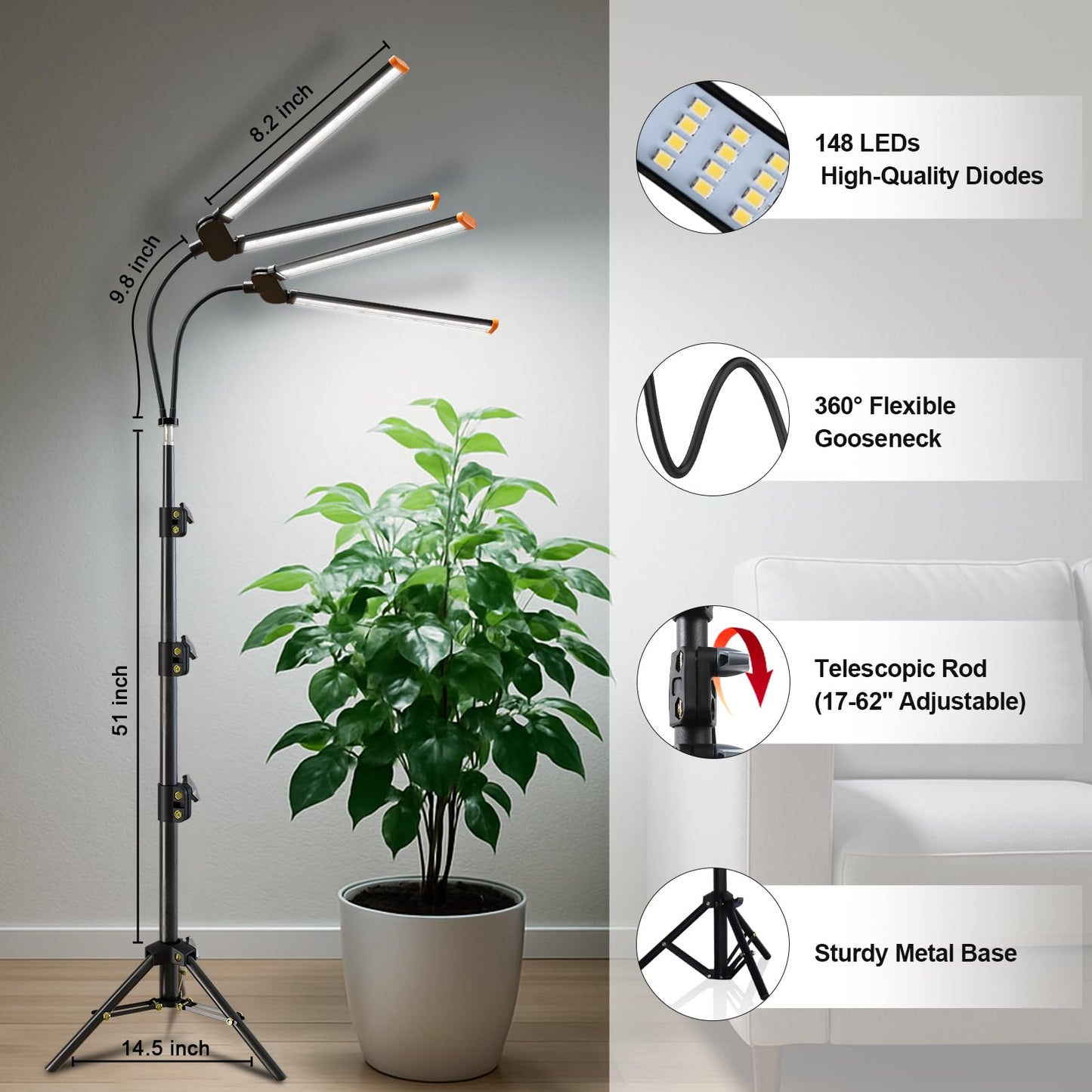 Plant Grow Light with Stand,Super Bright 6000K White Full Spectrum Floor Growing Lamp with Rotatable Dual Light Head & Height Adjustable 17-62" for Indoor Tall Plants, Dimmable & Auto Timer 4/8/12H