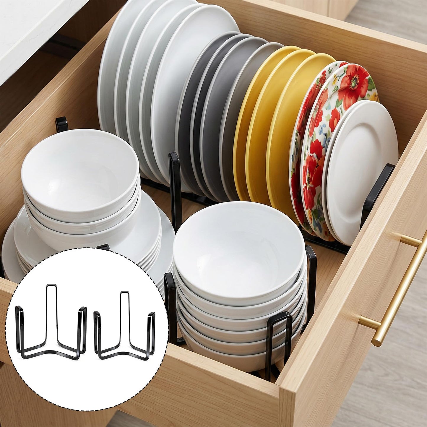 AOZUO 4 Pcs Dinnerware Bowl Plate Holder Fit for 4.7 and 6.5 Inches Diameters Bowl, Metal Bowls Storage Dying Display Rack Bowls Holder Organizer for Kitchen Drawer Countertop Cabinet Cupboard Shelf