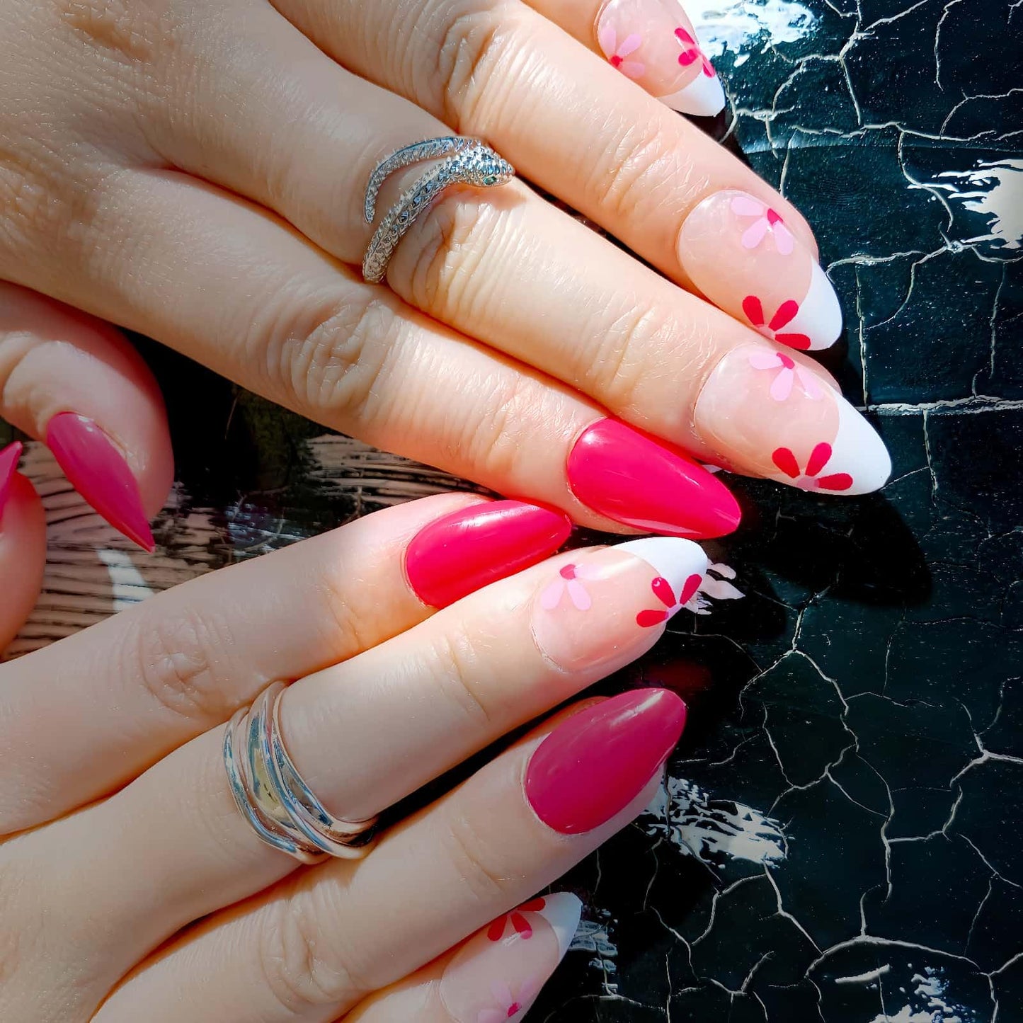 French Press on Nails Removable Almond Short Glue on Nails Rose Red Full Coverage False Nails with Designs Flower Easy to Use For Daily and Party Stick on Nails 24 Pcs
