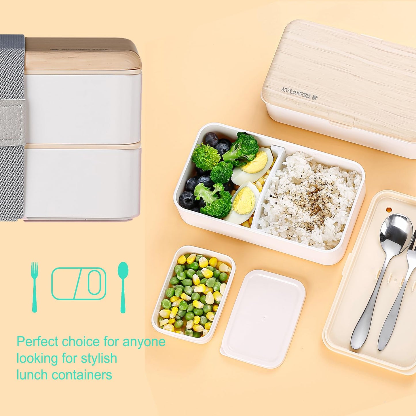 Binoster Original Bento Box Lunch Box Japanese Style 2 Layer Food Containers with Utensils Spoon and Fork Bundle Divider Salad Box for Men Women(White)