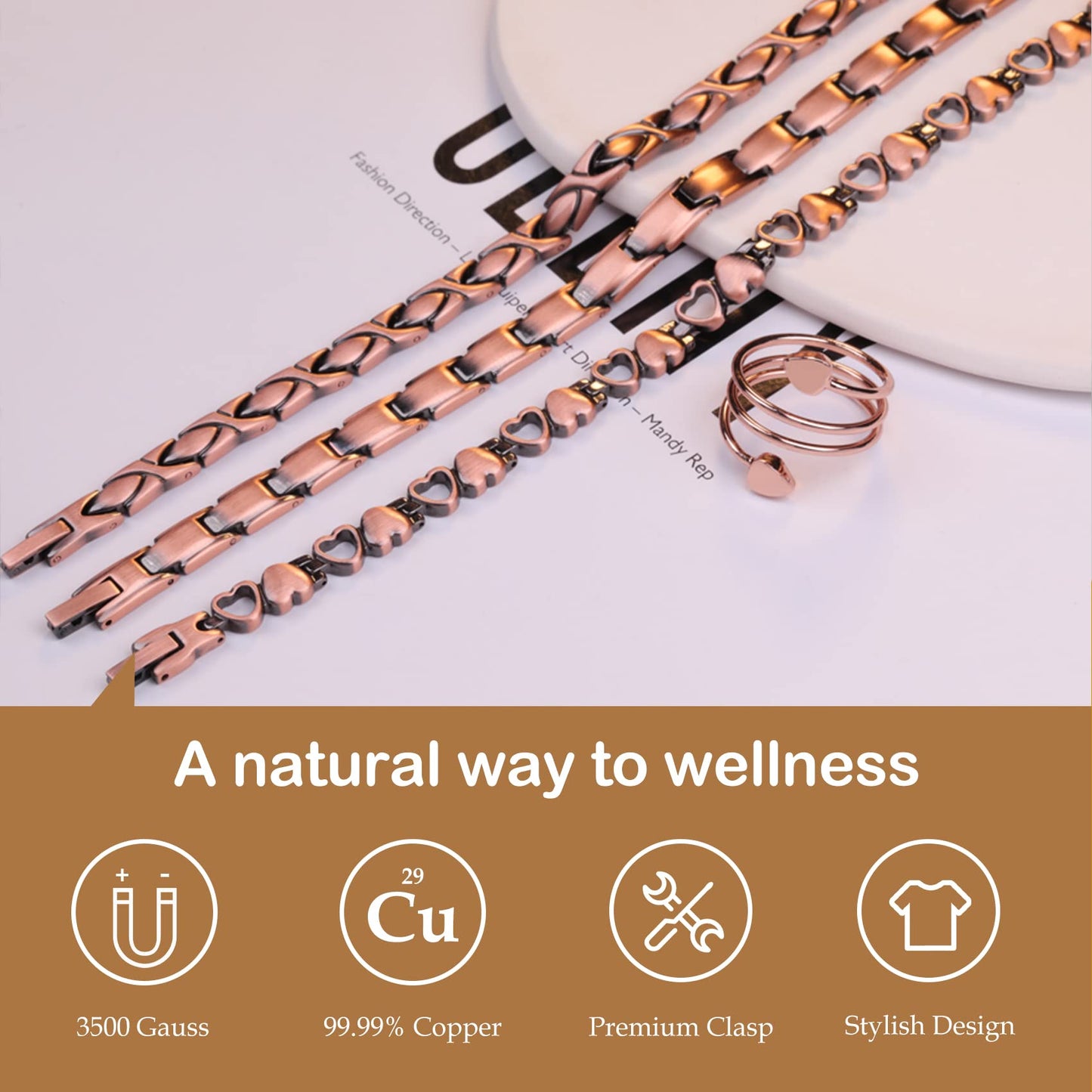 Feraco Copper Bracelet for Women 99.99% Solid Copper Magnetic Bracelets, Unique X Shape Links, Magnetic Field Therapy Jewelry Gifts (Heart Shape with Ring)