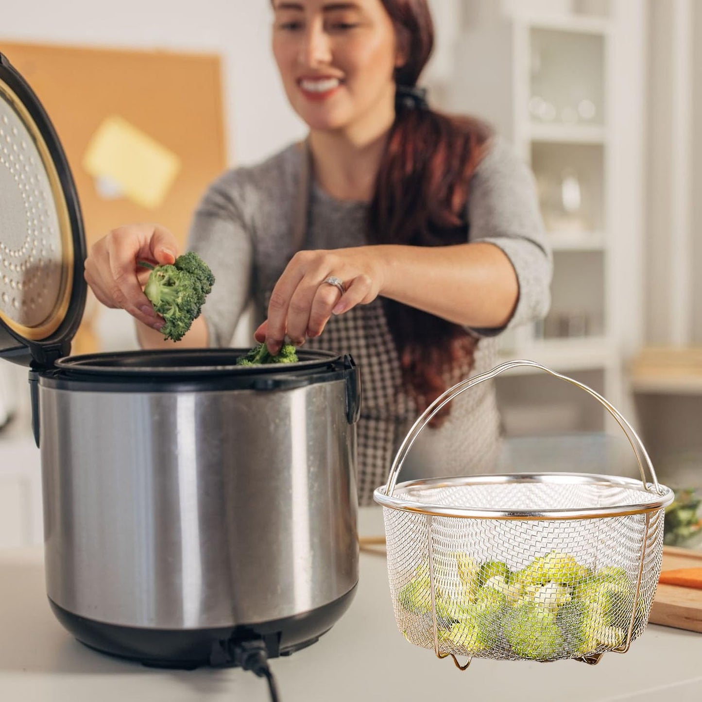 Stainless Steel Steamer Basket for Instant Pot Accessories 6&8quart, Heavy-Duty Pressure Cooker with Silicone Handle Vegetable Steamer Insert, Egg Basket, Pasta Strainer,Silver