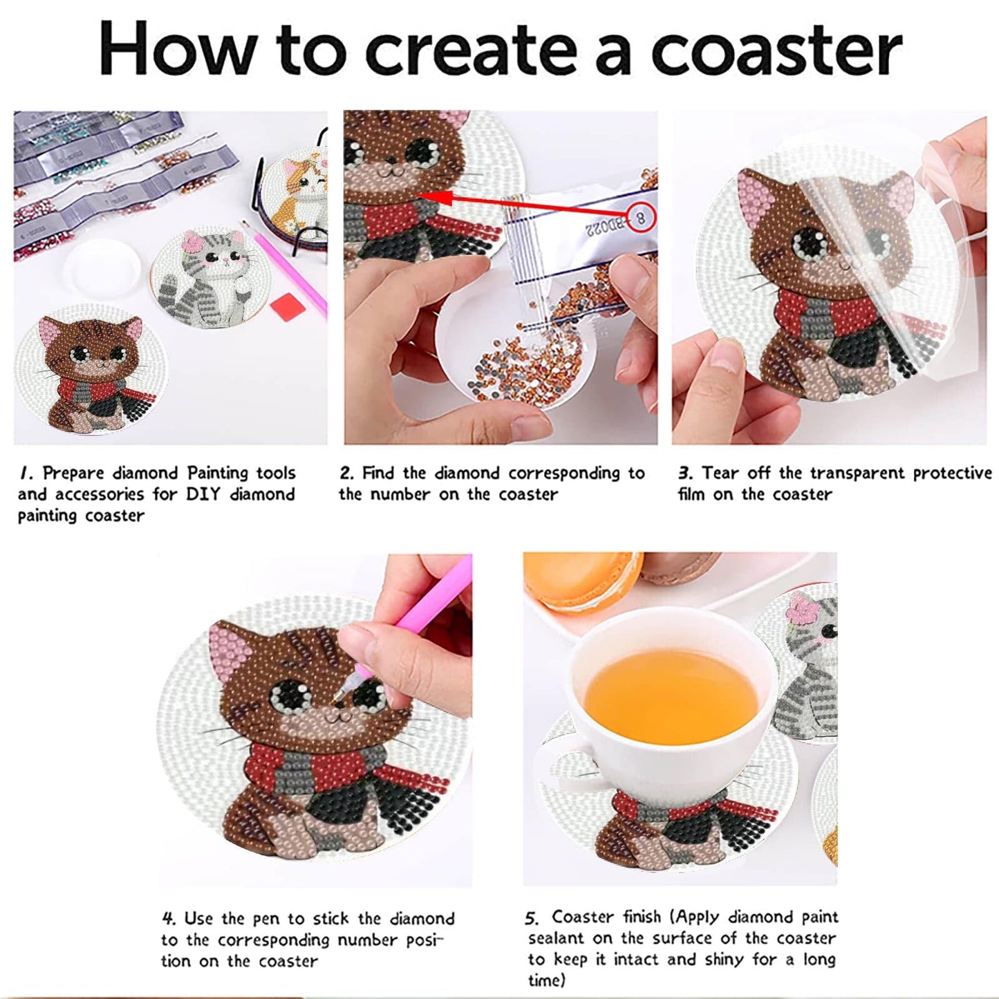 cupmod 8PCS Cute Cat Diamond Painting Coasters Kit with Holder,Cat Diamond Art Coaster,DIY Crafts Diamond Art Kits for Adults Home Decor