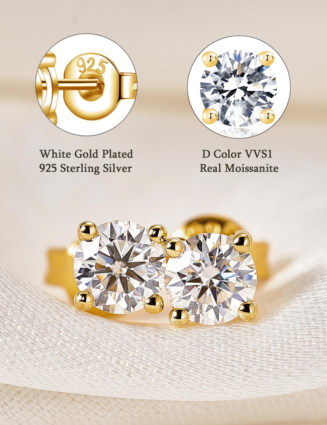 YODEWA Moissanite Stud Earrings for Women 925 Sterling Silver Hypoallergenic Butterfly Back 1 Pair DEF Color Lab Created Brilliant Round Moissanite Earrings (Yellow 2CT)