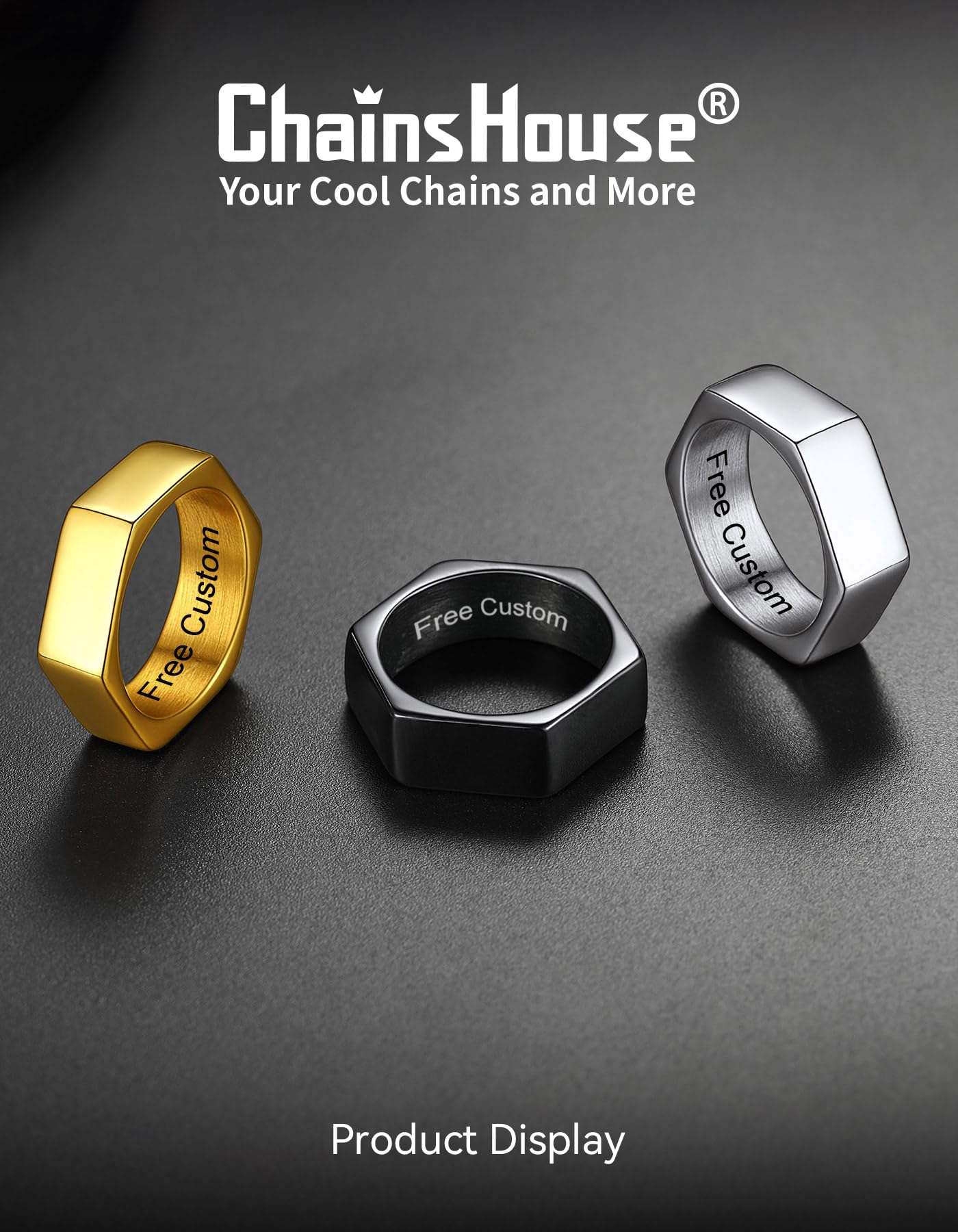 ChainsHouse Personalized Engravable Stainless Steel Black Hexagon Geometric Biker Ring Bands, Size 13