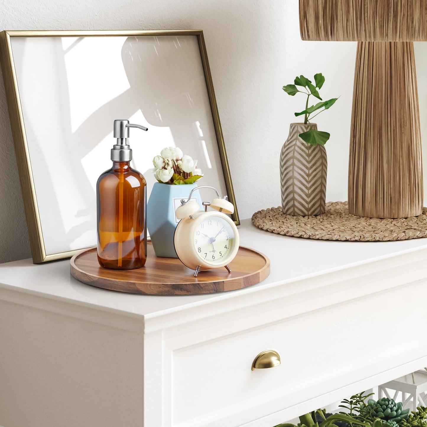 12 Inch Acacia Wood Round Tray, Wooden Decorative Serving Coffee Table Tray Centerpiece Candle Holder for Farmhouse Kitchen Dining Room Home Decor Coffee Table Decor and Accessories