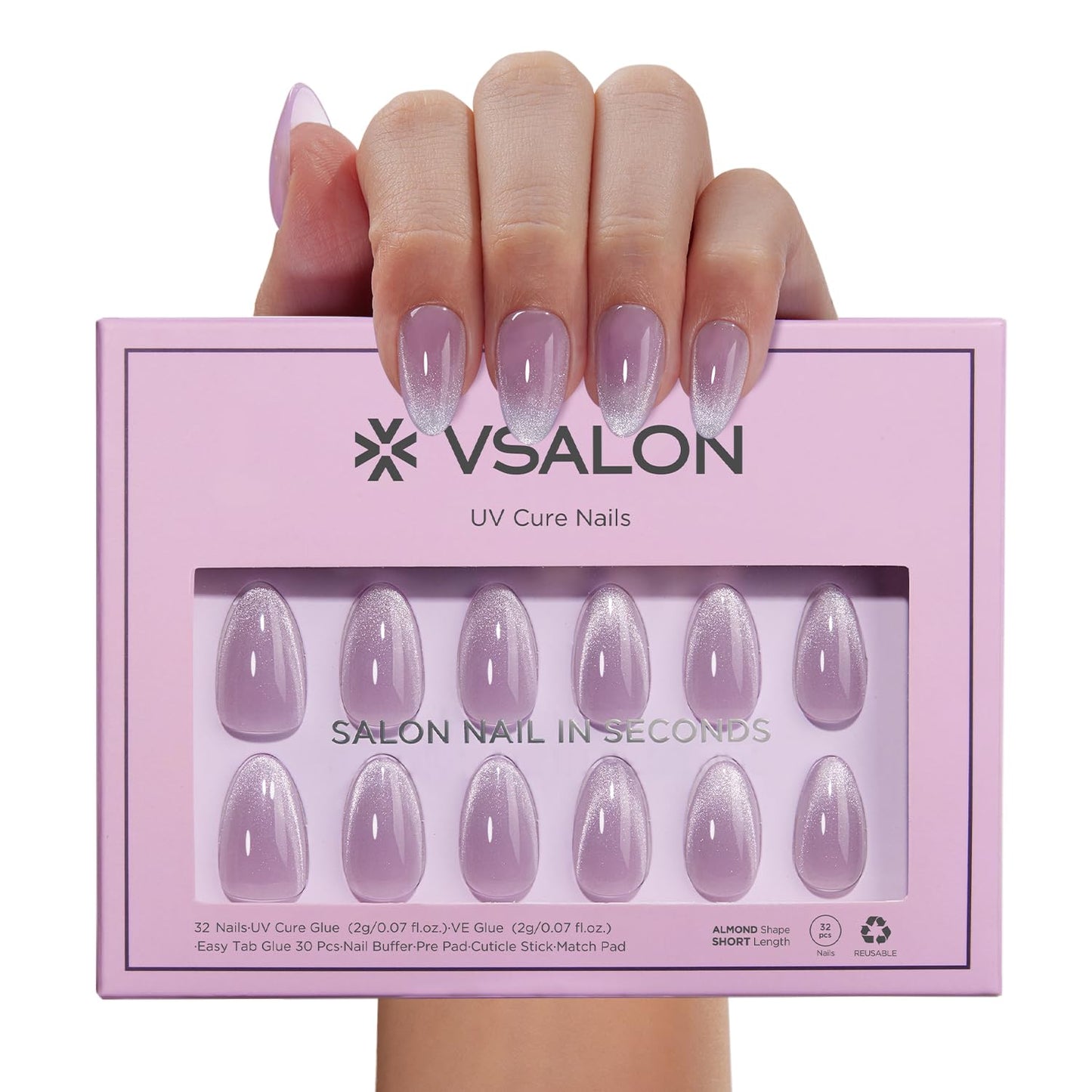 Vsalon Press On Nails Short Almond, Purple Cat Eye & Nude Pink Cat Eye Press On Nails