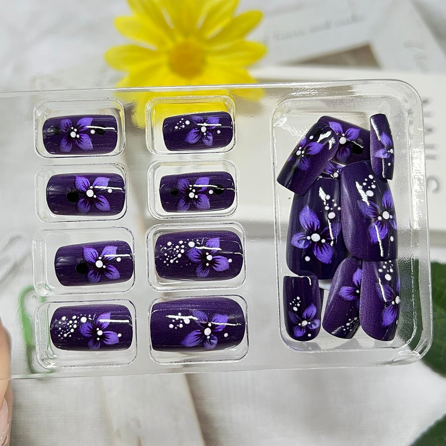 Purple Flower Press on Nails Medium Square Fake Nails with Floral Designs Black False Nail Full Cover Glossy Acrylic Artificial Fingernails Spring Summer Stick on Nail for Women 24Pcs