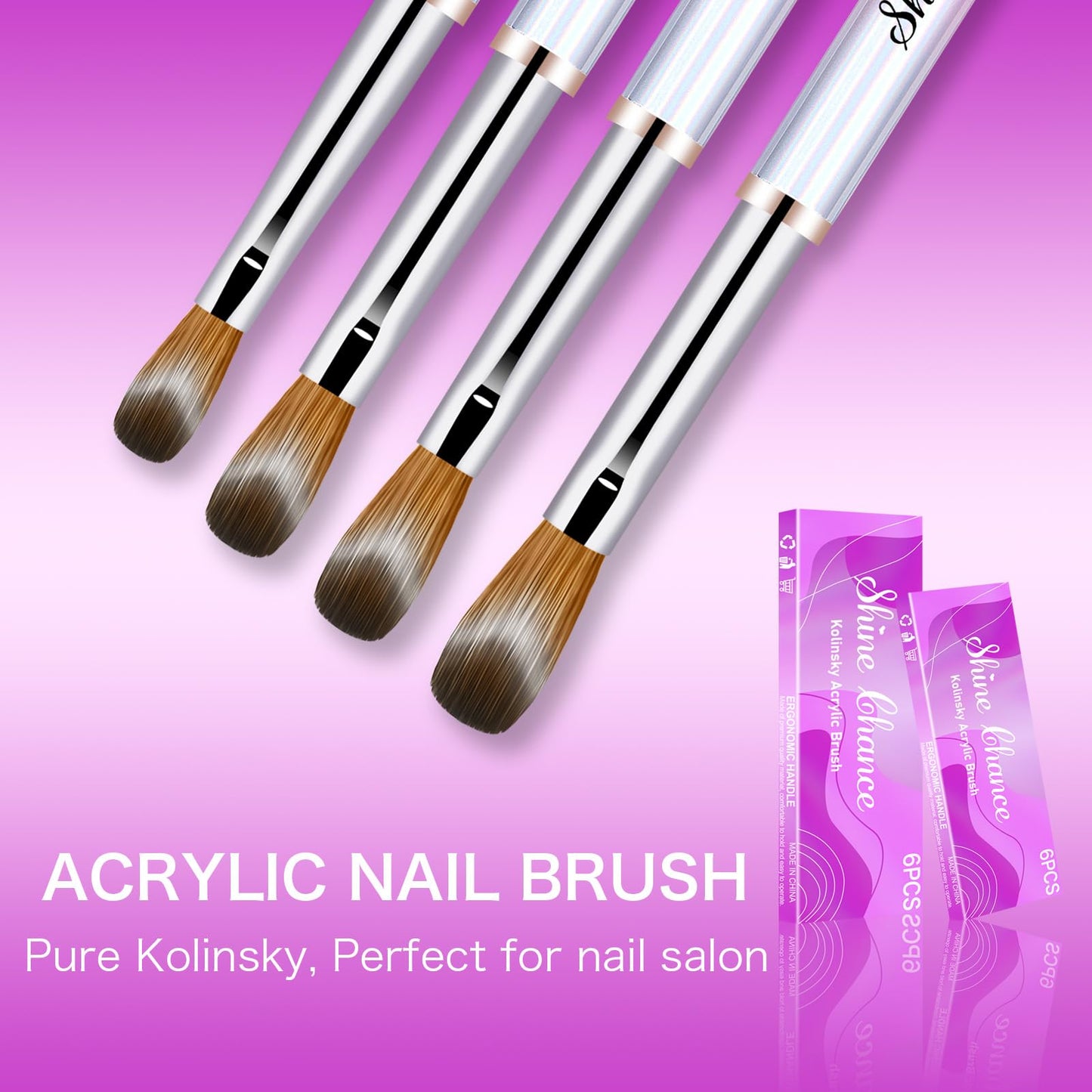 Shine Chance 4Pcs Acrylic Nail Brushes Set, Kolinsky Nail Art Brush, Art Design & Polish Mistake Cleaning Manicure Tools for Women Acrylic Application (Size 6 8 12 14)
