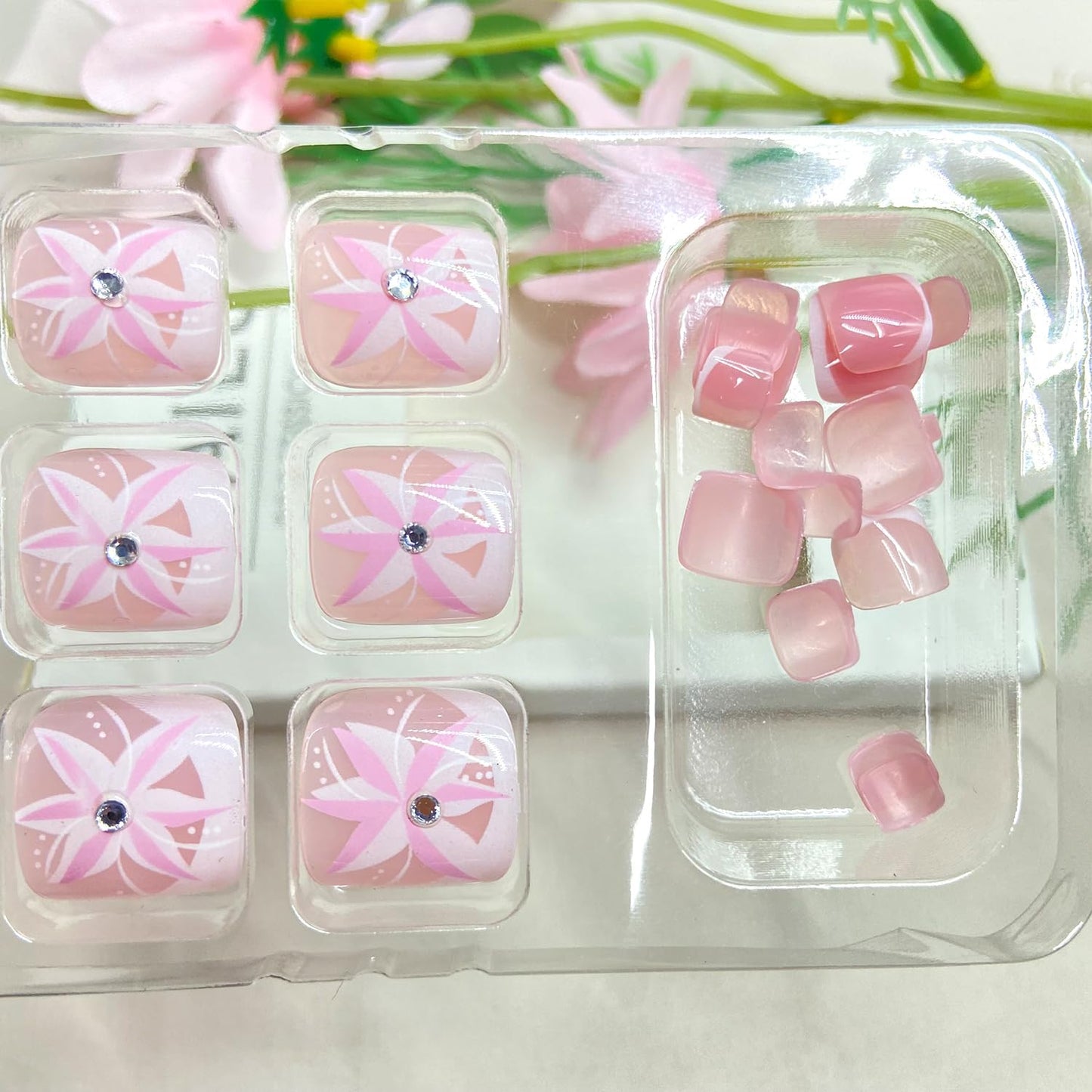 Summer Flower Press on Toenails Rhinestones False Toenails White French Tip Toe Nails Reusable Full Cover Toe Nails for Women