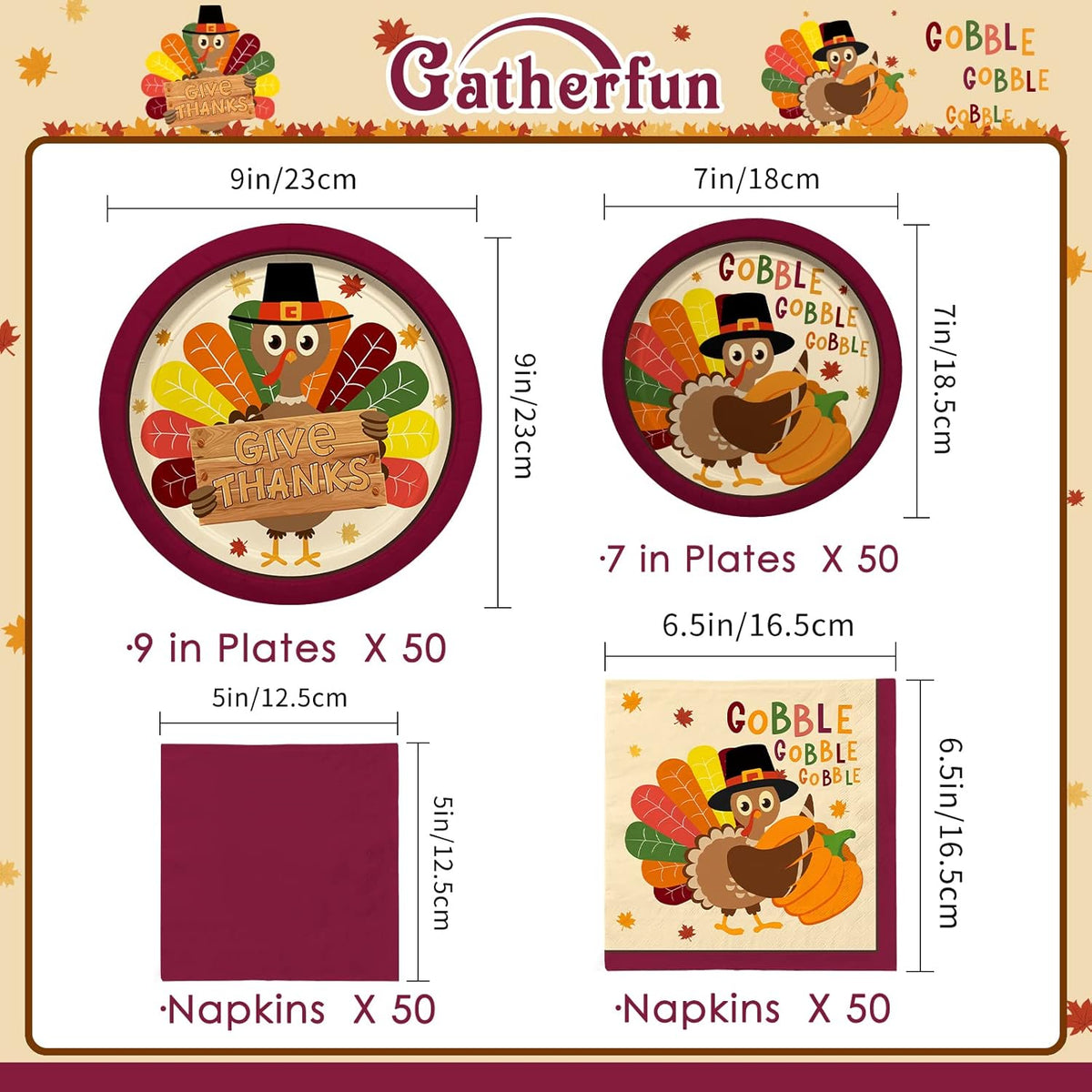 Turkey Thanksgiving Party Supplies Kit, Autumn Disposable Dinnerware Includes, Paper Dinner Plates, Dessert Plates, Luncheon Napkins and Beverage Napkins, for Fall party Decorations, Serve 50