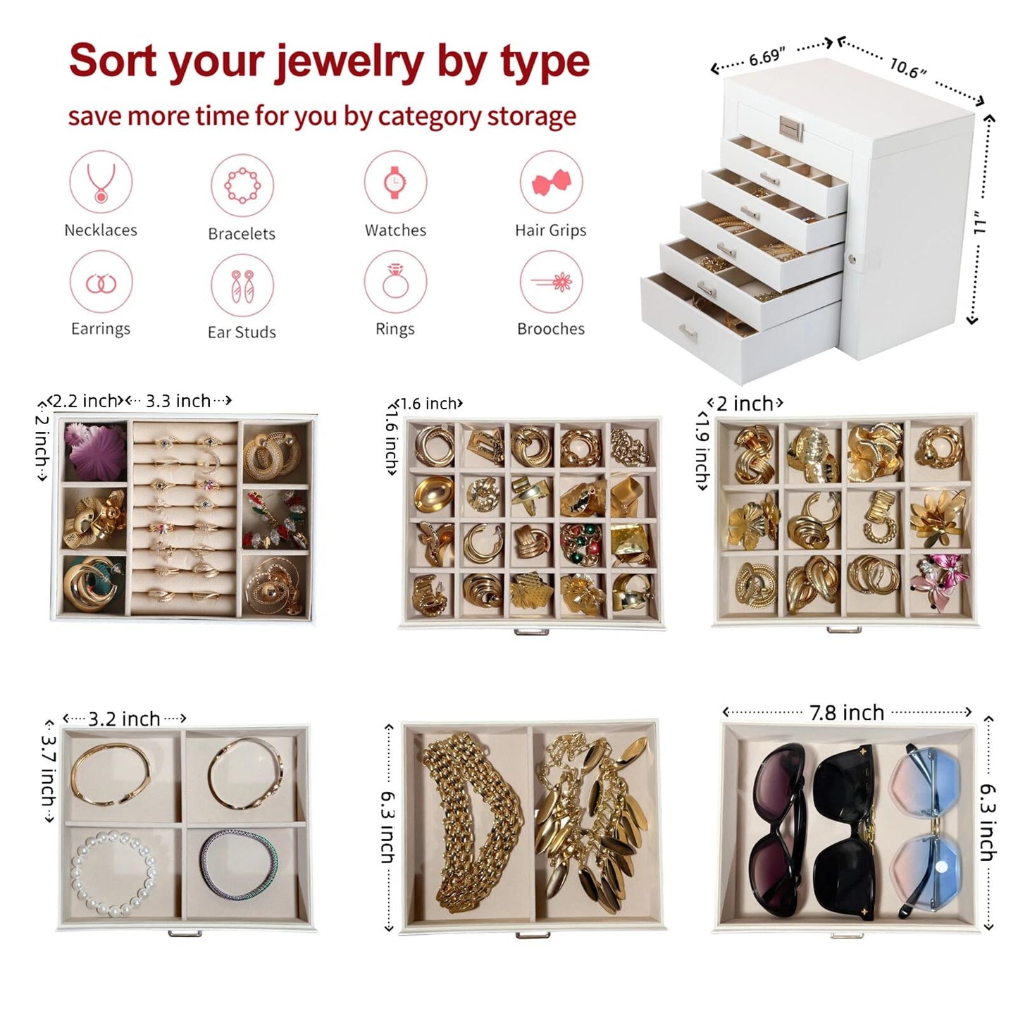 BOOVO Jewelry Box For women, 6 Layer Large Jewelry Organizer With Mirror, Multi-Function Storage Box With Lock, Necklace Holder With 5 Drawers, For Earrings Necklace Bracelet (Silver and White)