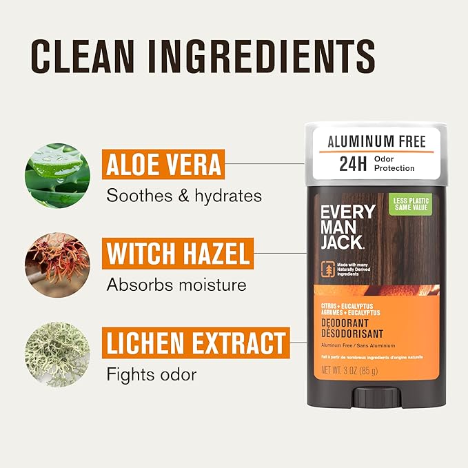 Every Man Jack Citrus + Eucalyptus Men’s Deodorant - Stay Fresh with Aluminum Free Deodorant For all Skin Types - Odor Crushing, Long Lasting, with Naturally Derived Ingredients - 3oz (2 Pack)
