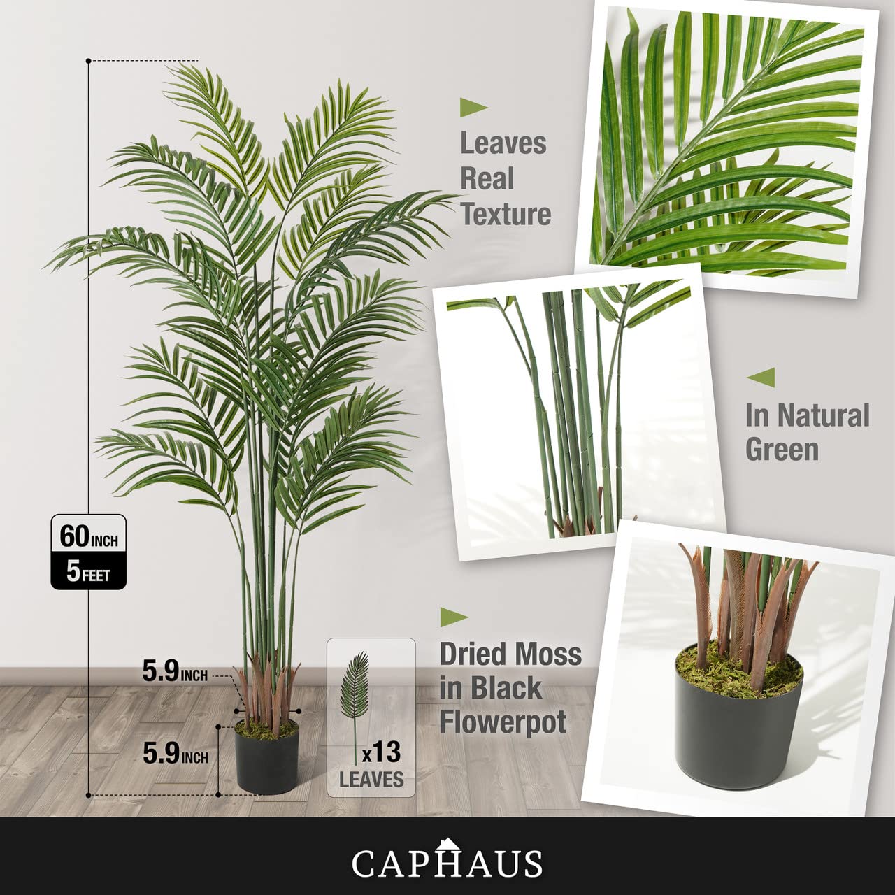 CAPHAUS 5FT Tall Artificial Palm Tree Indoor - Large Fake Palm Plant for Living Room, Realistic Faux Tree UV Resistant Low Maintenance for Home Office Decor (13 Trunks)