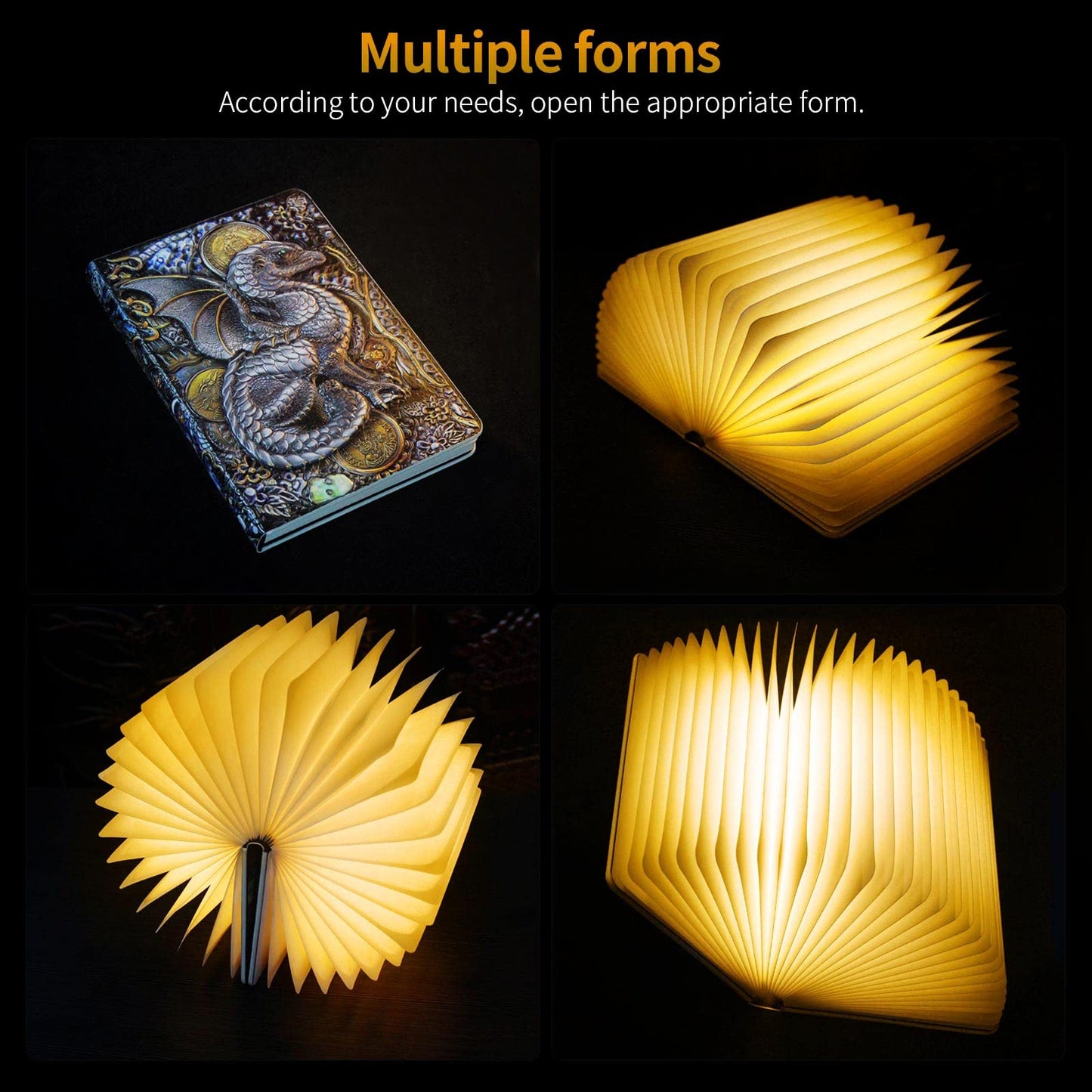 QXMGCBOK Folding Book Lamp Dragon Night Light, Portable Bedside Light (3 Colors) - Gift for Book Lovers