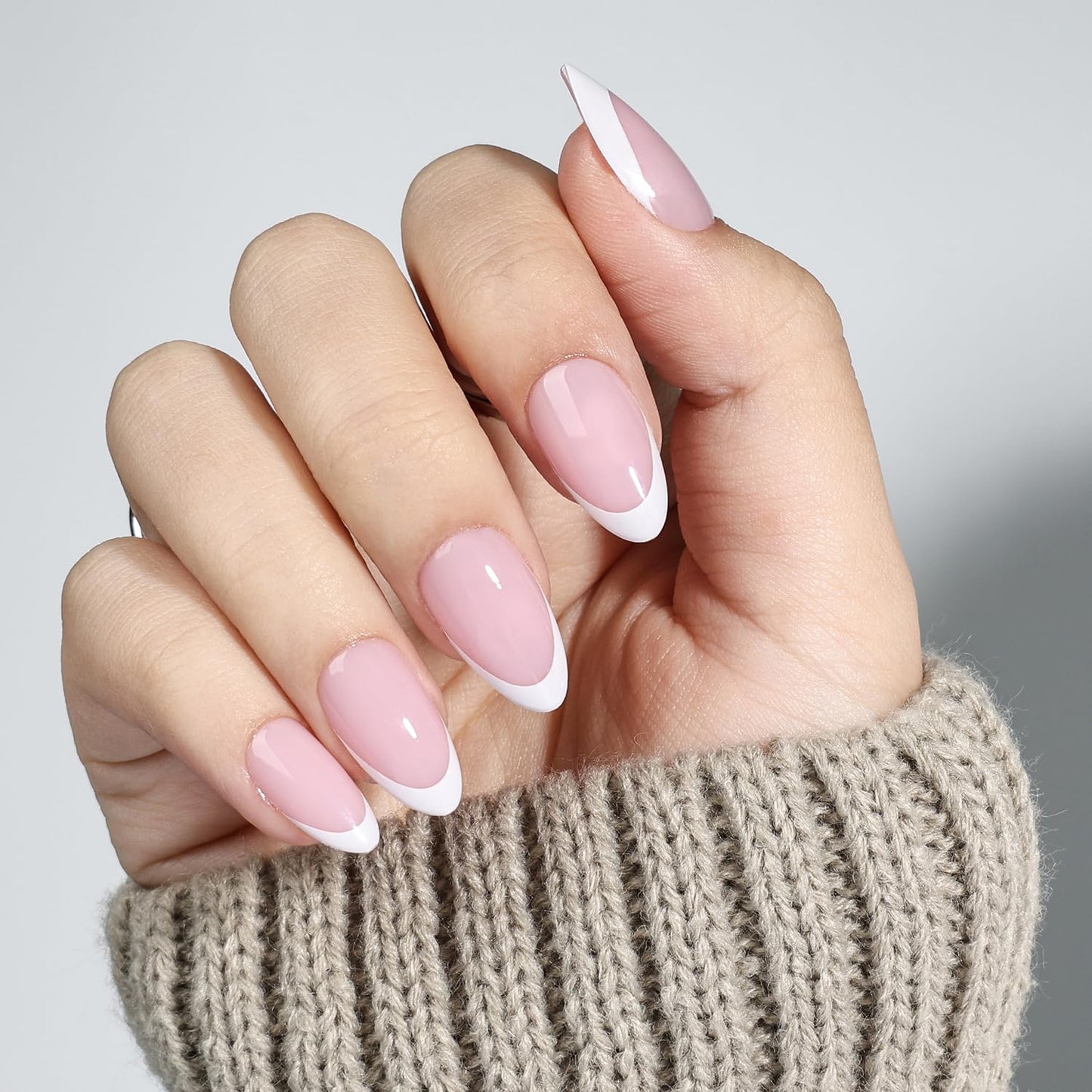 White French Tip Press On Nails - Pink Short Almond Fake Nails, White Press On Nails Reusable Stick On Nails in 16 Sizes, 32pcs False Nail Kit for Women & Girls