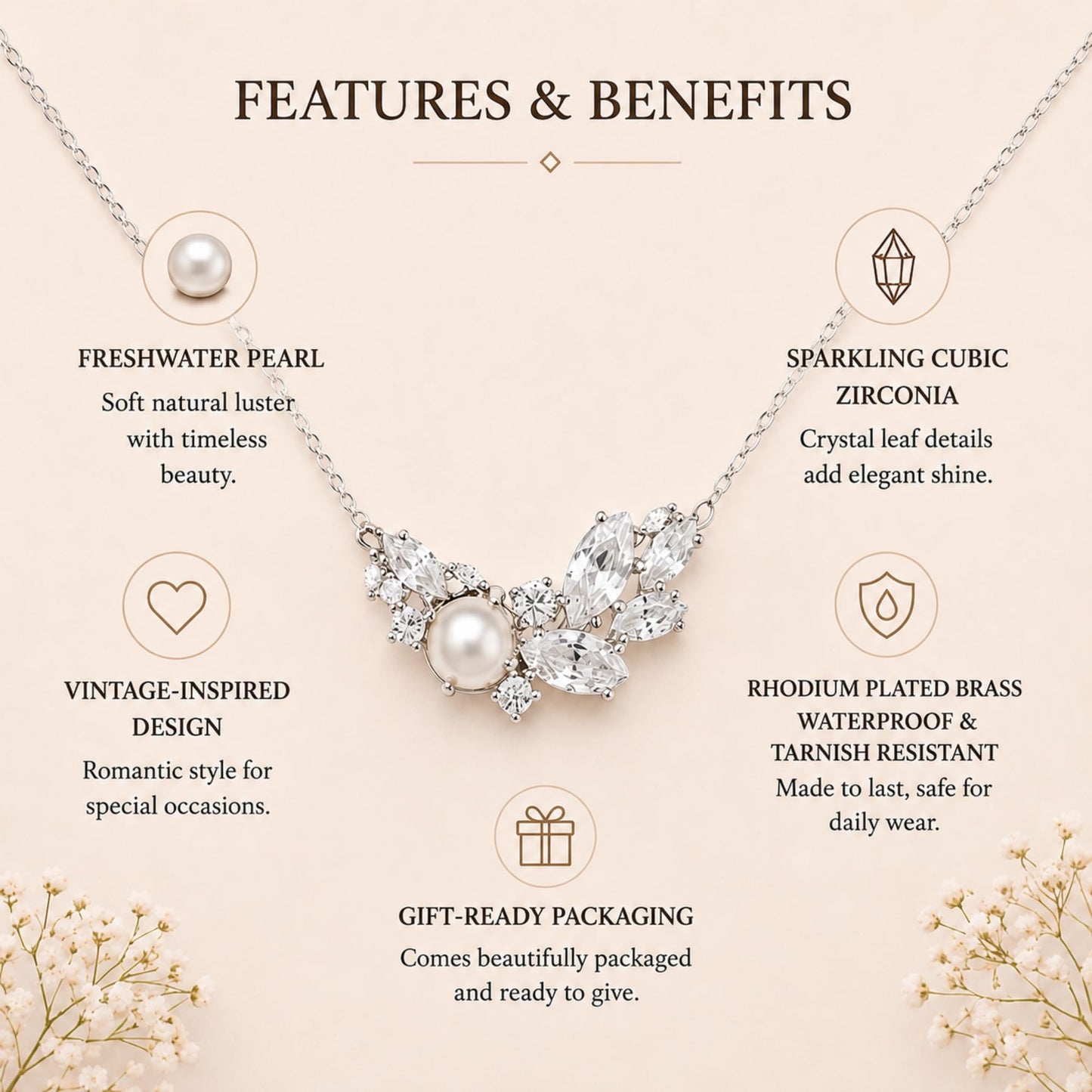 Bridal Pearl Diamond Necklace for Wedding Silver White Freshwater Pearl Crystal Cluster Leaf Vintage Necklace set for Bride Bridesmaids Bridal Party
