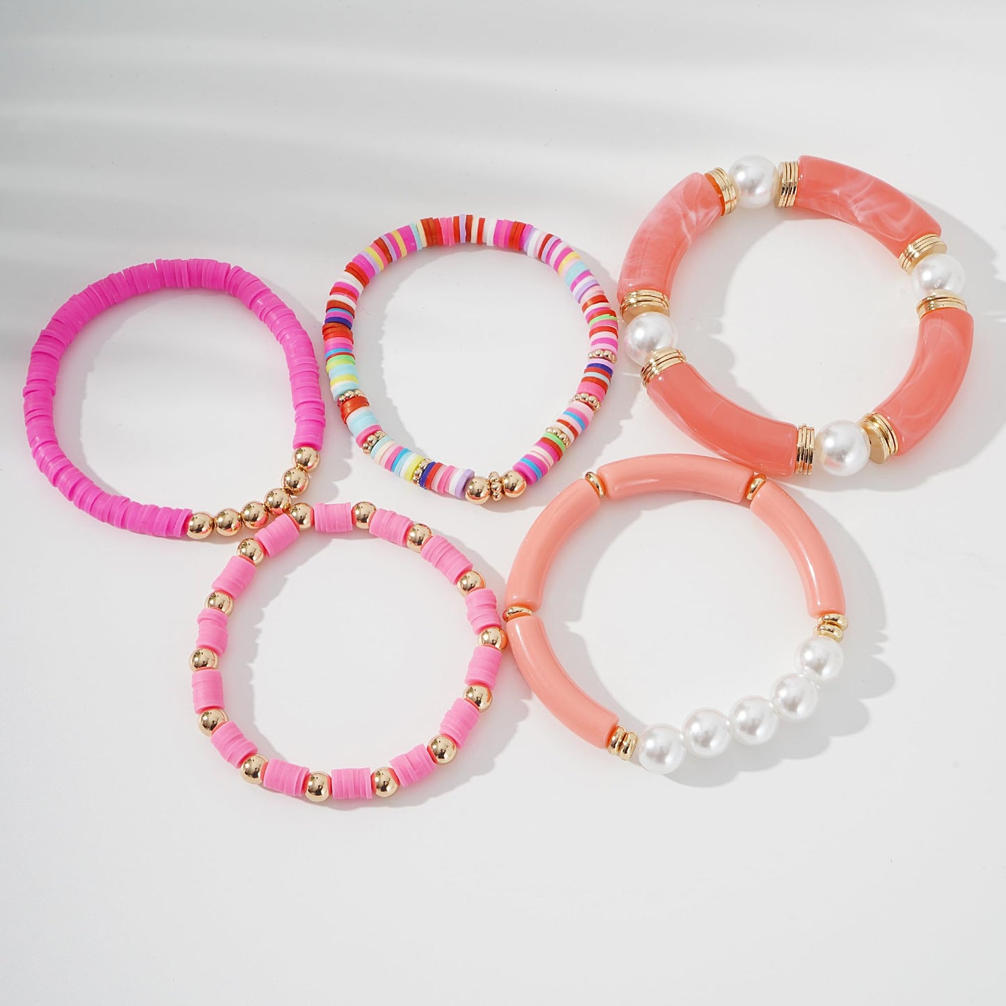 GOOJIDS Simple Beaded Gold Plated Bangles Bracelet Chunky Bamboo Tube Curved Stacking Clear Acrylic Colorful Beads Stretchable Gold Platd Bracelets Set For Women