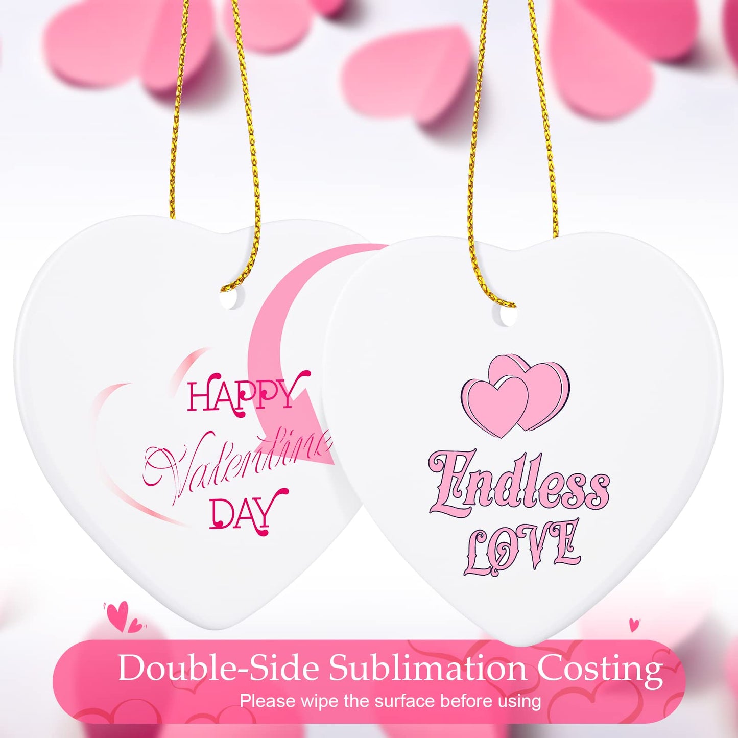 WILLBOND Heart Sublimation Blank Ceramic Ornament 3 Inch White Heart Ceramic Ornament with Gold String for Valentine DIY Crafts Valentine's Day Personalized Decorations