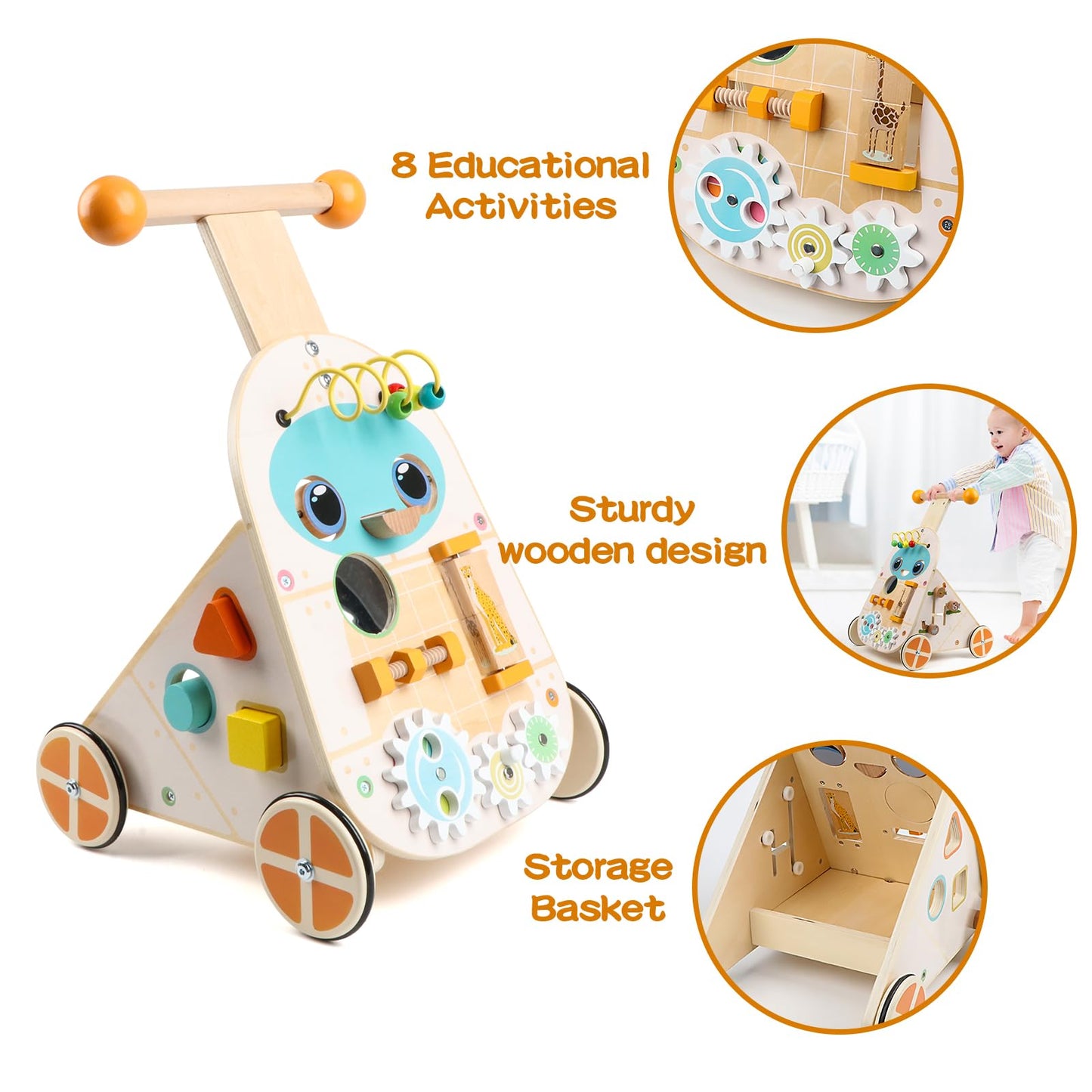 Steventoys Wooden Push Walker, Adjustable Speed Baby Push Walker Activity Center Toys, Wooden Baby Walker Push and Pull Learning Activity Walker, Learning & Walking Toy for Boys Girls
