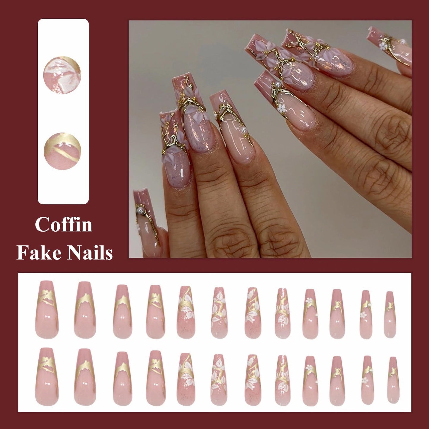 MISUD Press on Nails - Long Coffin Fake Nails with Pink Flower, Acrylic Gold Chrome Design 24 pcs