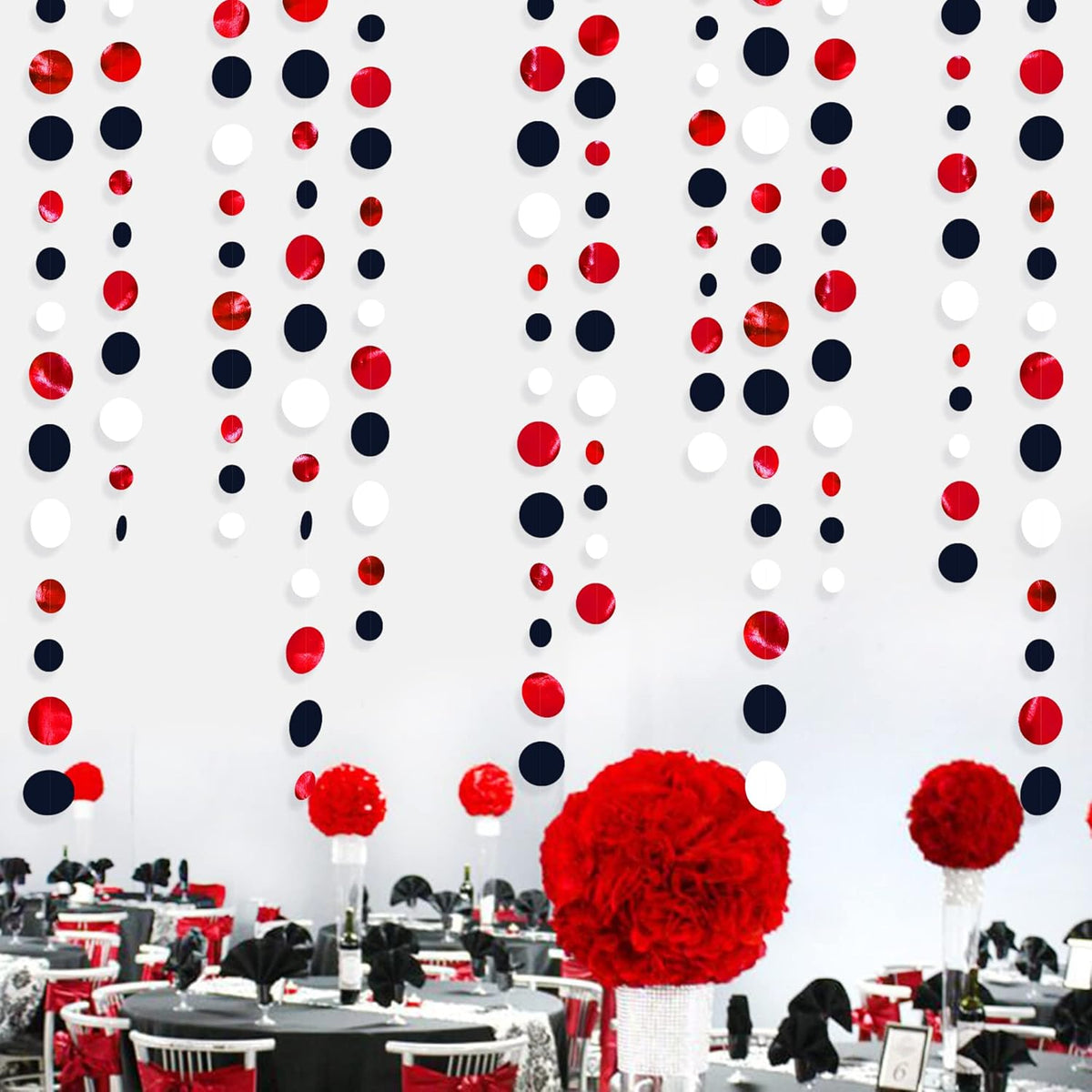 46 Ft Red Black and White Circle Dots Garland Hanging Paper Polka Dots Streamer for Graduations Birthday Bachelorette Engagement Wedding Bridal Shower Holiday Casino Poker Pirate Party Decorations