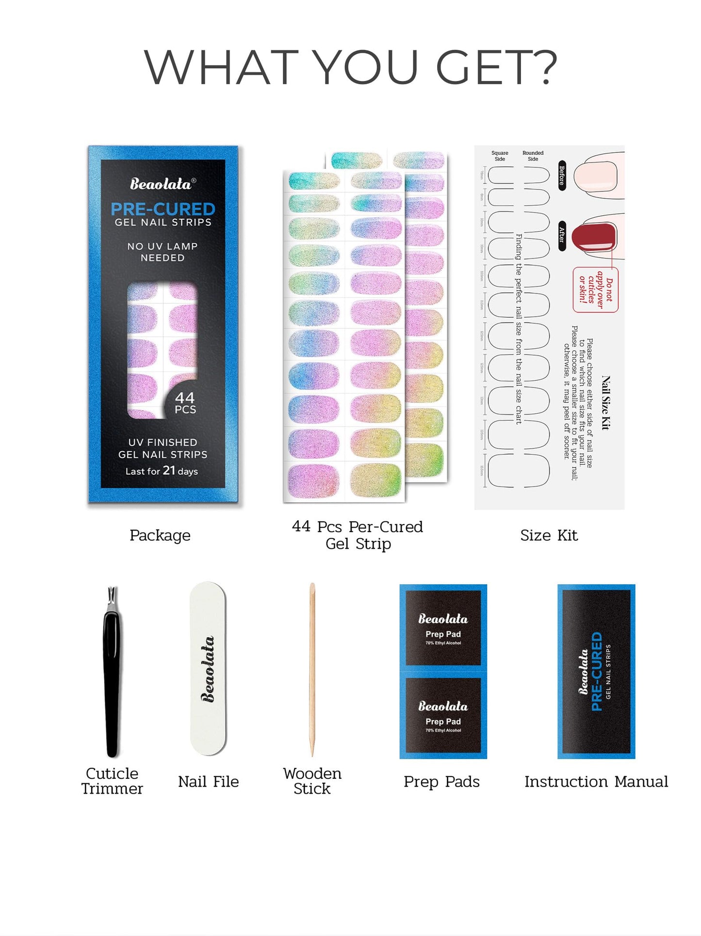 Beaolata Real Gel Nail Strips (No UV Light Needed) - 44Pcs Salon Quality Nail Stickers - Long Lasting Polish Wraps for Women, Easy Apply & Remove (Unicorn Magic Green)