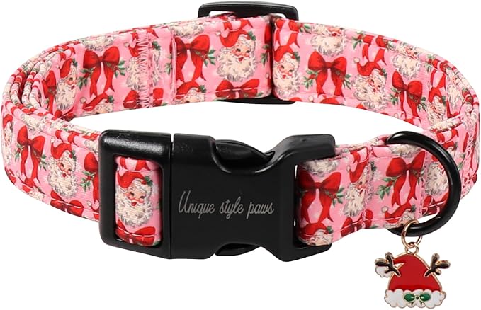 Unique Style Paws Christmas Dog Collar, Pink Dog Collar with Christmas Trees Pattern, Lightweight & Adjustable Pet Collar with Plastic Buckle for Small, Medium, Large Boy Girl Dogs
