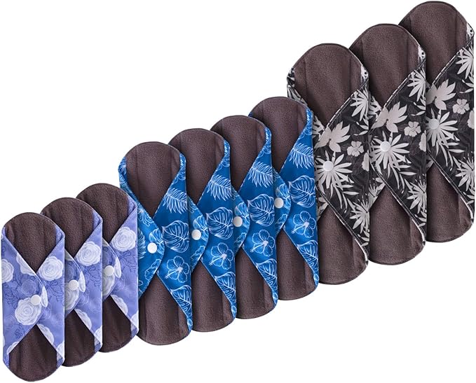 Teamoy 10pcs Cloth Panty Liners, Reusable Sanitary Pads with Wet Bag, Washable Cloth Menstrual Pads with Charcoal Absorbency Layers (Plant Styles, 3pcsx7.9 Purple+4pcsx10 Blue+3pcsx11.6 Brown)