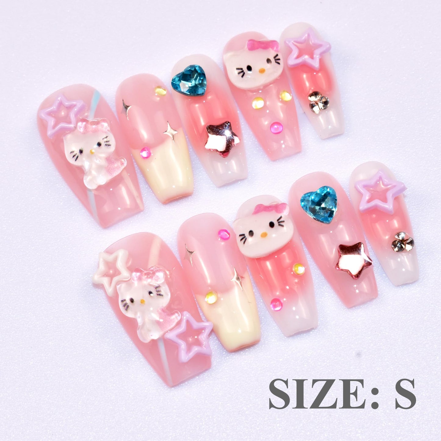 LIFOOST Press on Nails Handmade Fake Nails Medium Coffin Gel Finished False Nails Cute Kawaii Y2K 3D Cartoon Cat Design 10Pcs, Size Small