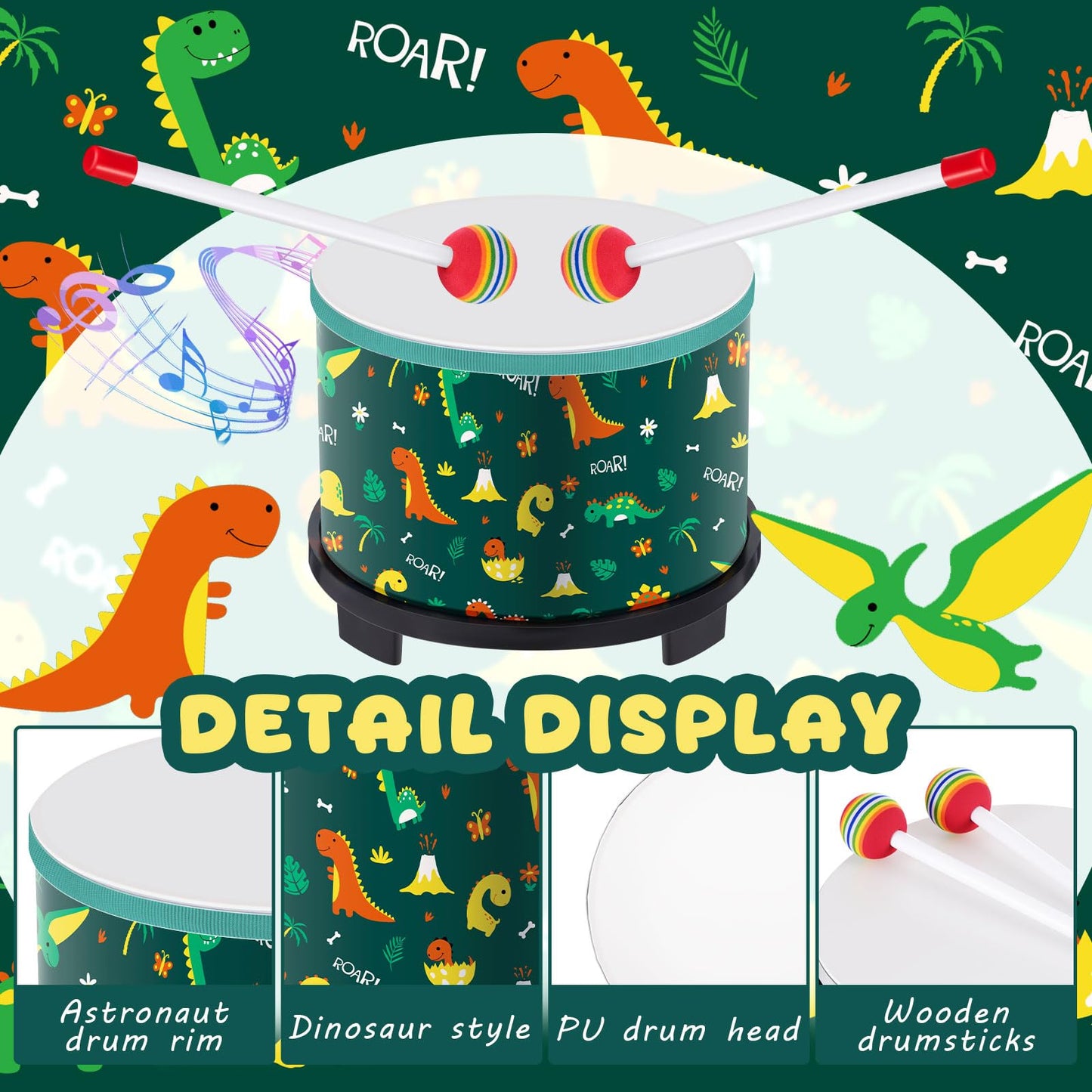 Boao Floor Tom Drum for Kids 8'' W x 6.5'' H Wooden Percussion Instrument Music Drum with 2 Rainbow Mallets Dinosaur Educational Toys for Baby Children Toddler Boy Girl Birthday Gift