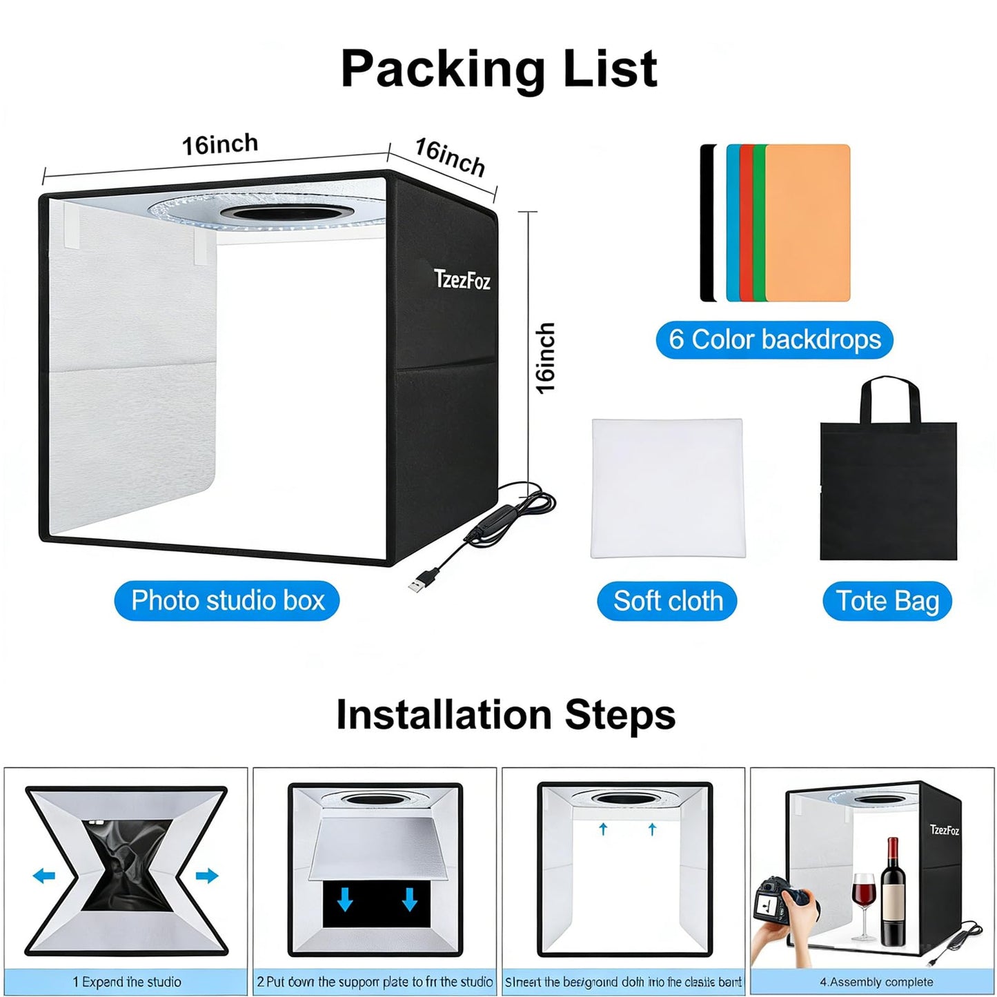 TzezFoz 12x12inch Portable Photo Studio Light Box,Folding Ring Light Box with 3 Modes & 6 Backdrops, Photography Light Tent USB Powered Lighting Tent for Jewelry/Accessories