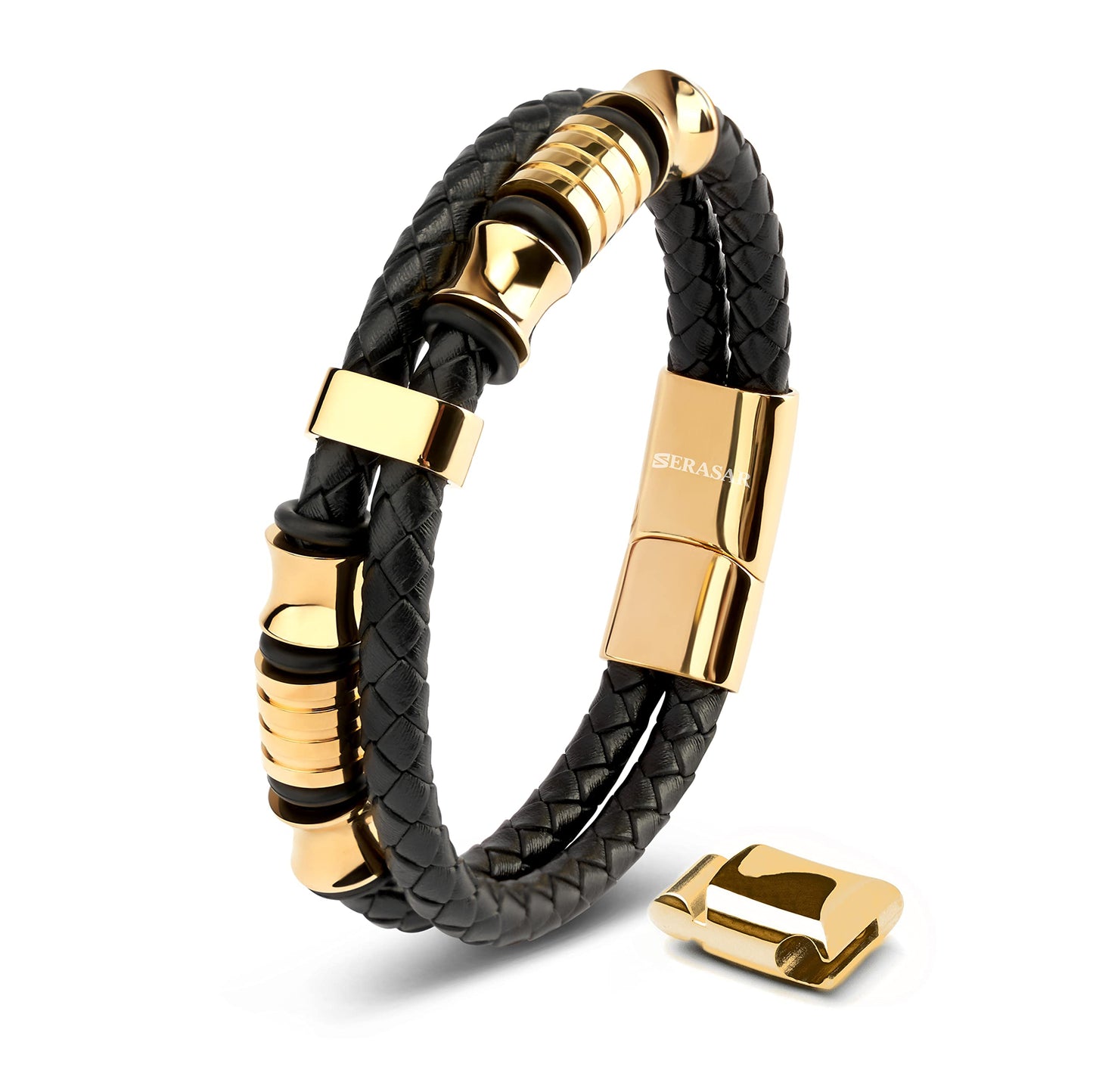 SERASAR Gold Bracelets for Men 17cm Bracelet Gift Box Genuine Leather Cowhide Braided Adjust Able Magnetic Clasp Multi Layer Wrap Rope Man Mans Male Band Jewelry Magnet Accessories