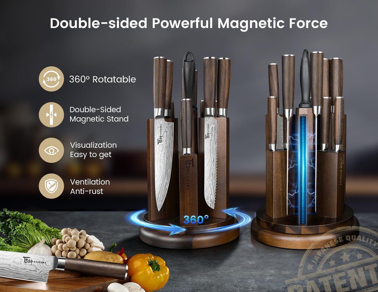 SYOKAMI 2026 Upgrade Knife Set 14 Piece Japanese Style Kitchen Knife Set With 360° Rotatable Magnetic Block, Sharp High Carbon Stainless Steel Knives Sets with Steak Knives and Sharpener, Gift for Mom
