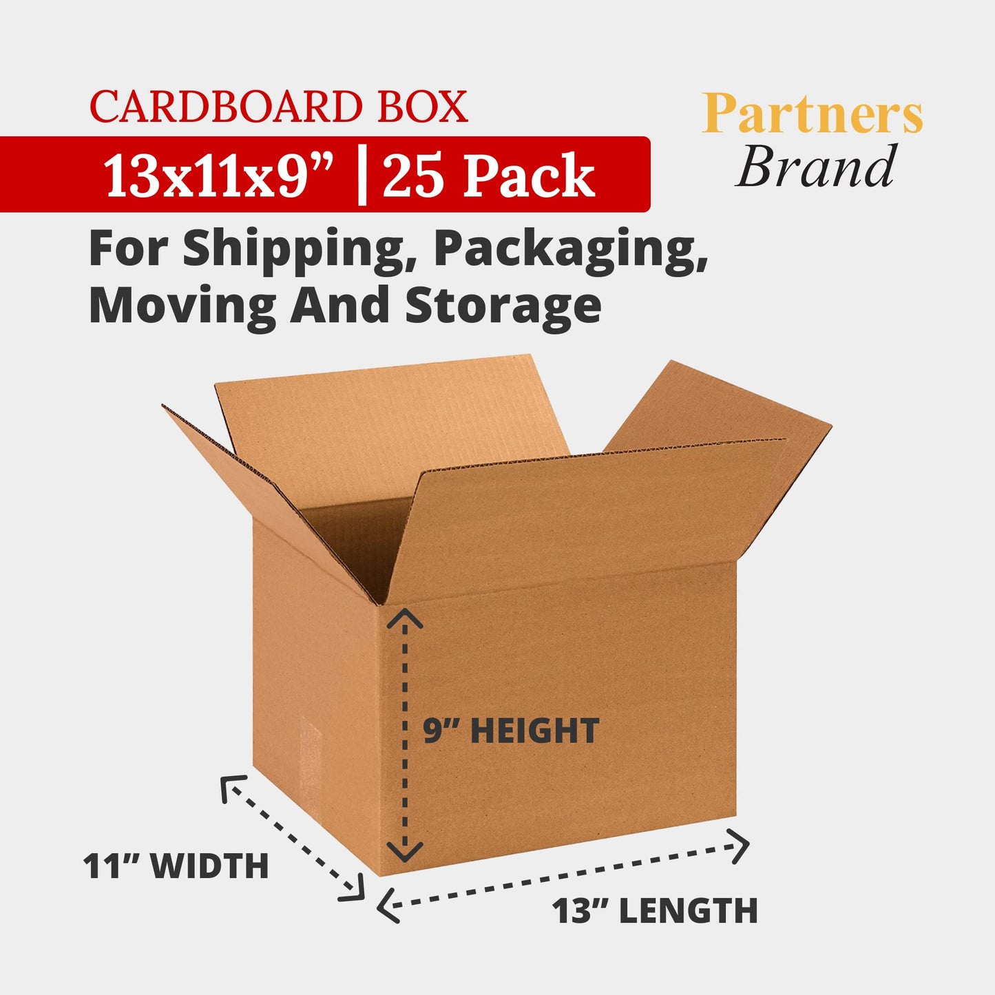 PARTNERS BRAND 13 x 11 x 9 Corrugated Cardboard Boxes, Medium 13"L x 11"W x 9"H, Pack of 25 | Shipping, Packaging, Moving, Storage Box for Home or Business, Strong Wholesale Bulk Boxes