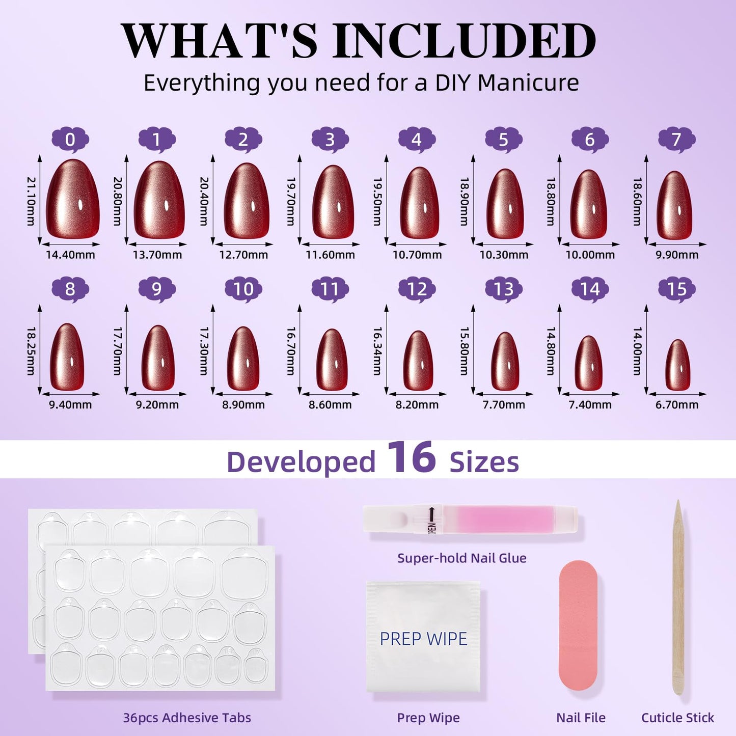 Red Cat Eye Press on Nails Short Almond - Wine Red Press on Nails, Reusable Glossy Nails Press ons for Women, Fake Nails Kit with Glue, 32 Pieces in 16 Sizes